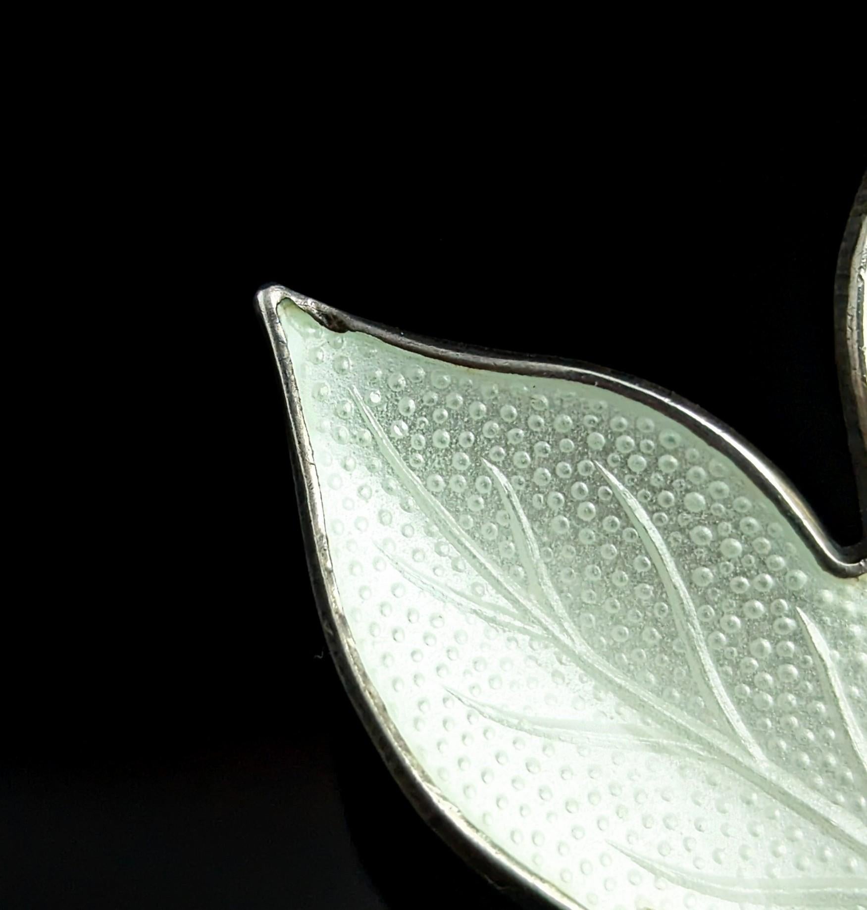 Vintage Norwegian silver enamel leaf brooch, White enamel 2