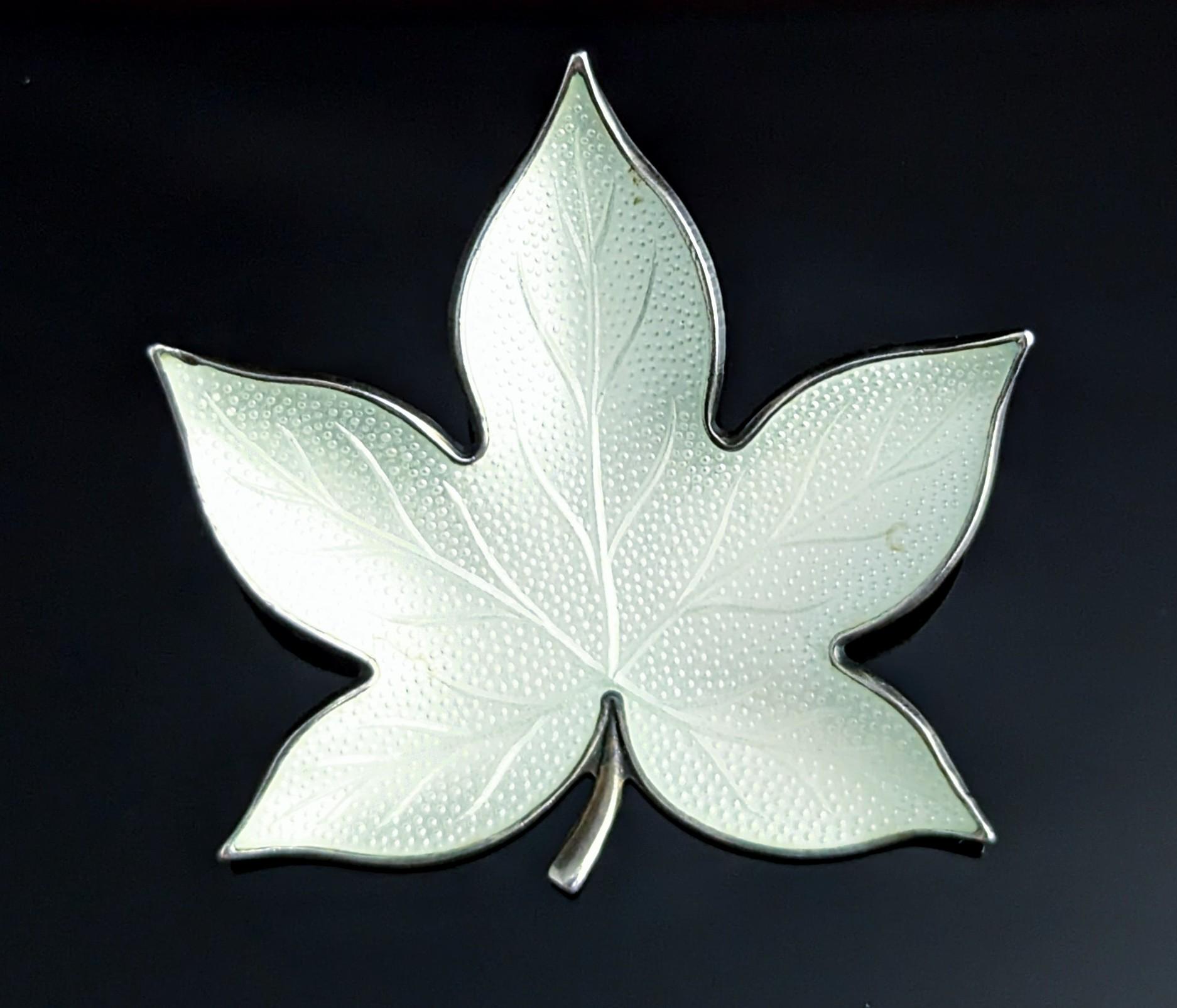 Vintage Norwegian silver enamel leaf brooch, White enamel 3
