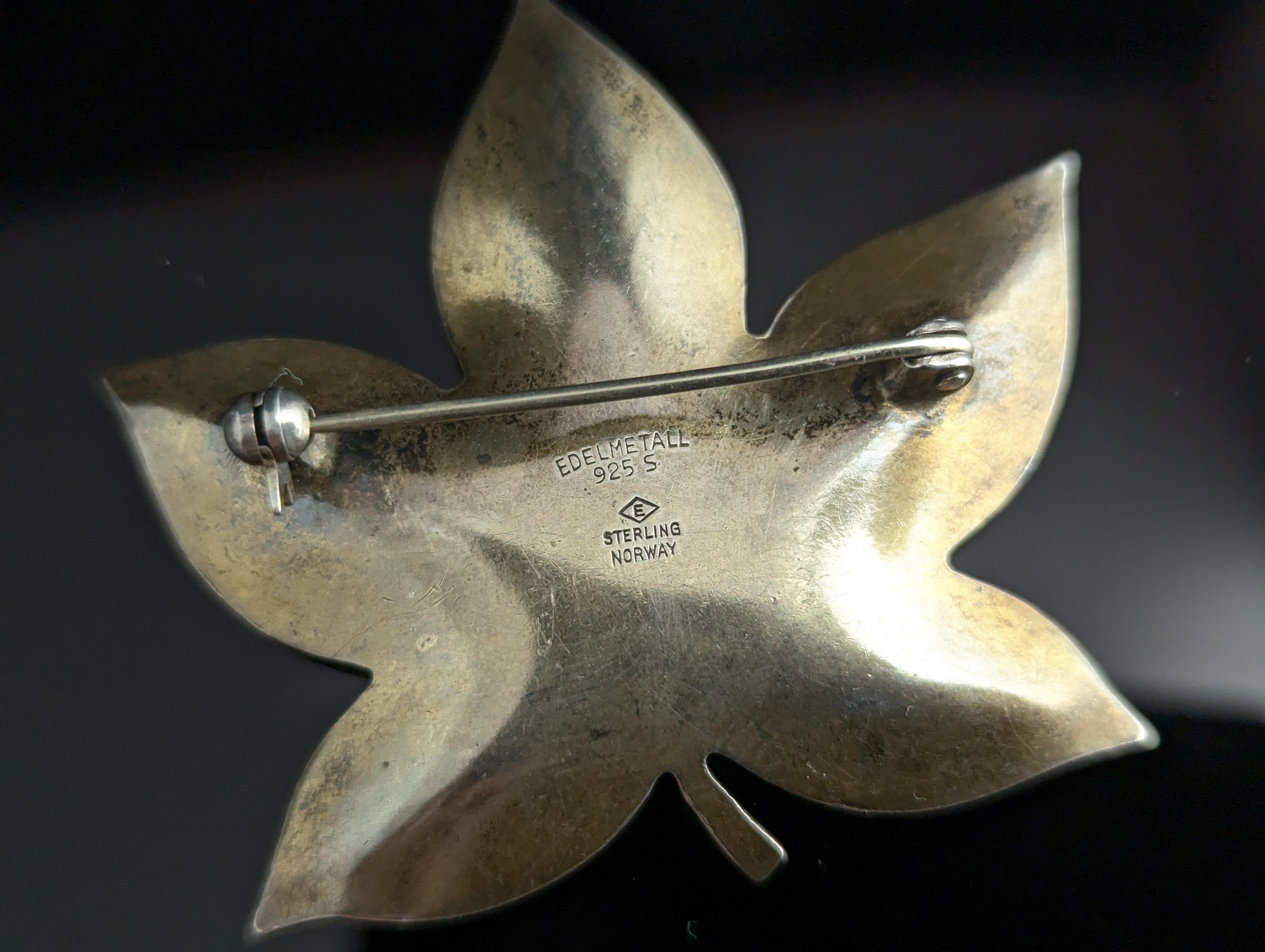 Vintage Norwegian silver enamel leaf brooch, White enamel 4