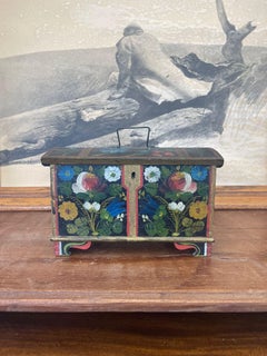 Vintage Norwegian Wood.chest With Hand Painted Floral Motif