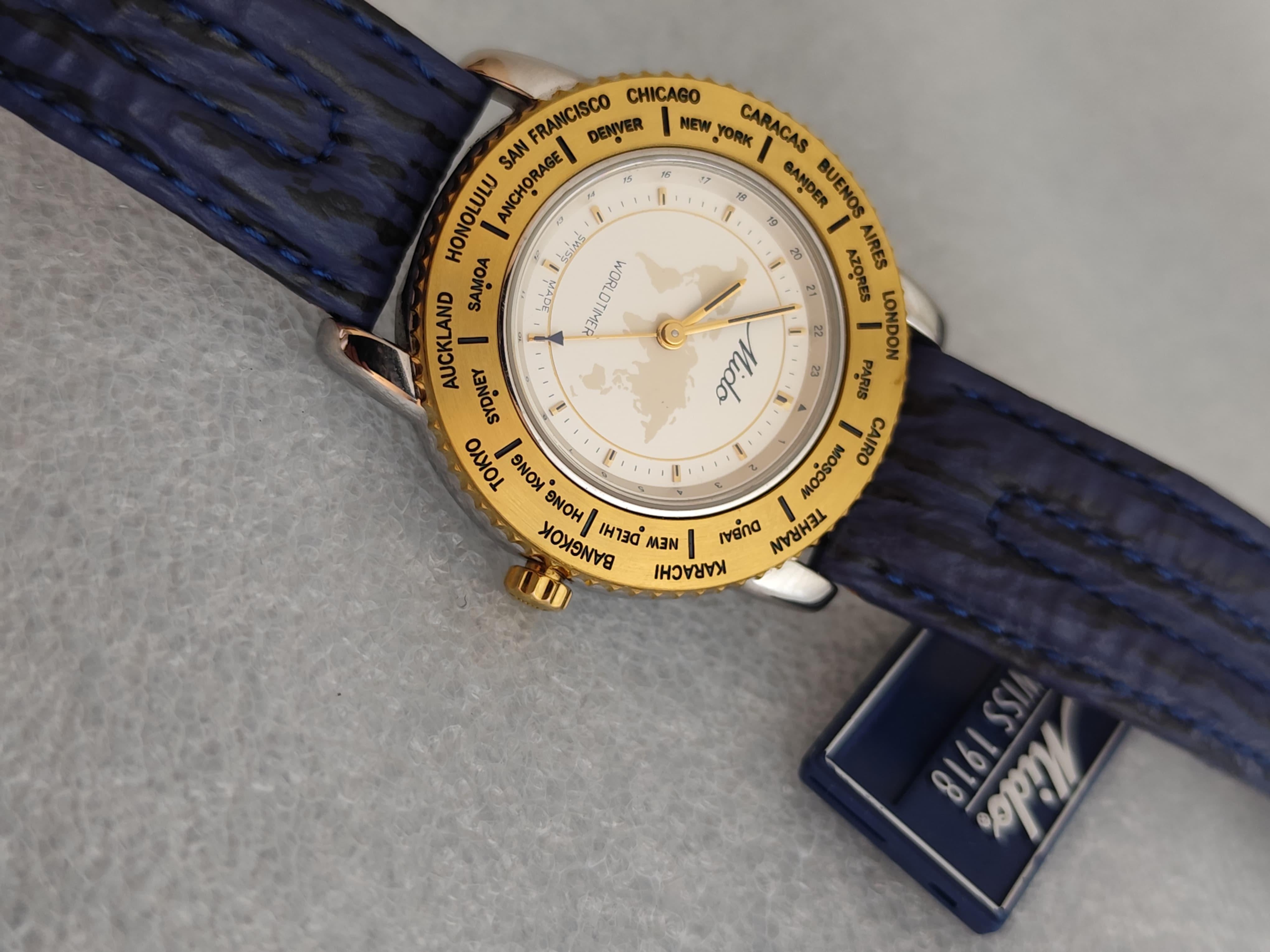 Vintage NOS Mido Worldtimer GMT 5200 Stainless Steel / Gold Plated Boxed Men Wat For Sale 6