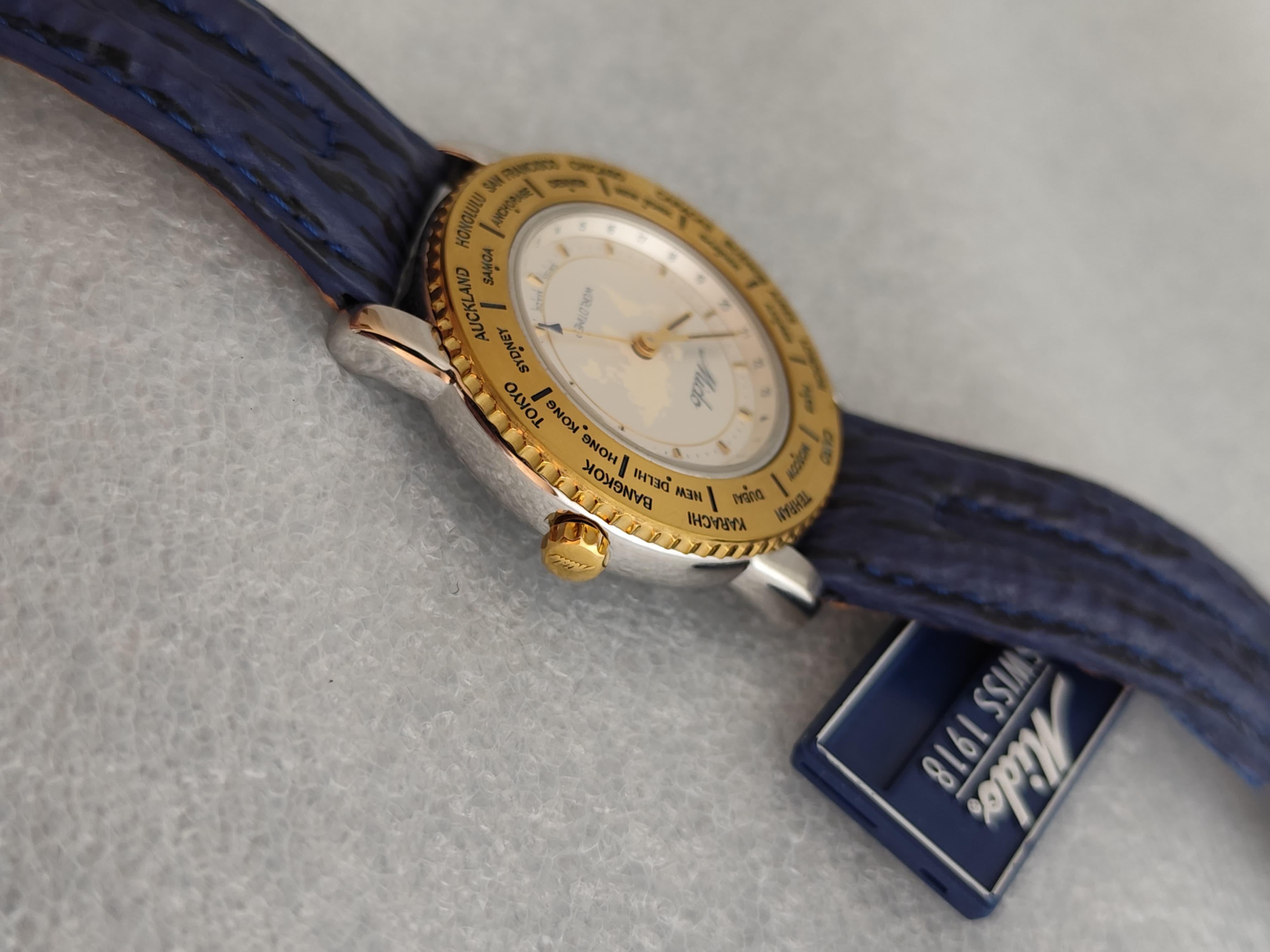 Vintage NOS Mido Worldtimer GMT 5200 Stainless Steel / Gold Plated Boxed Men Wat For Sale 7