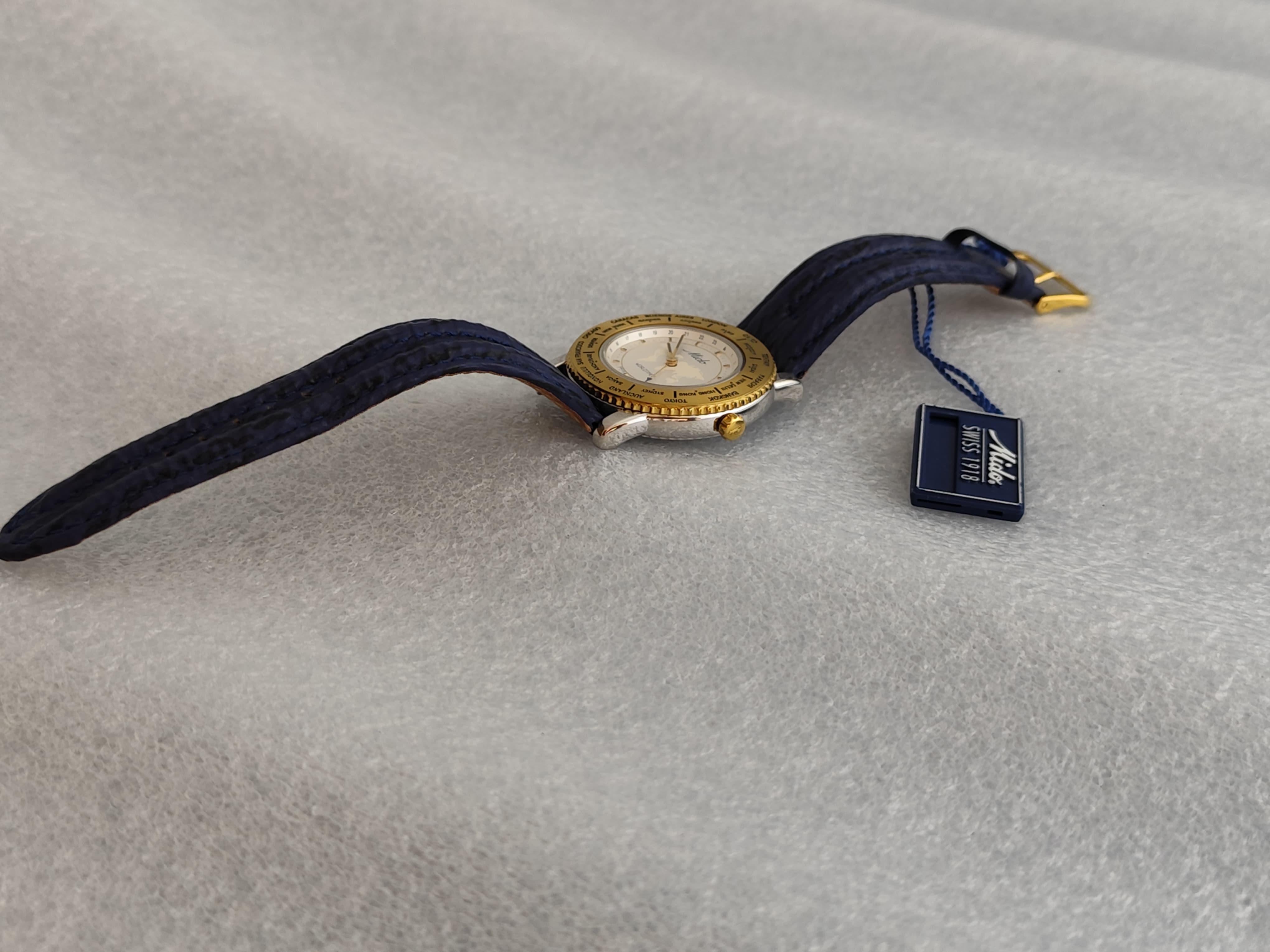 Vintage NOS Mido Worldtimer GMT 5200 Stainless Steel / Gold Plated Boxed Men Wat For Sale 8