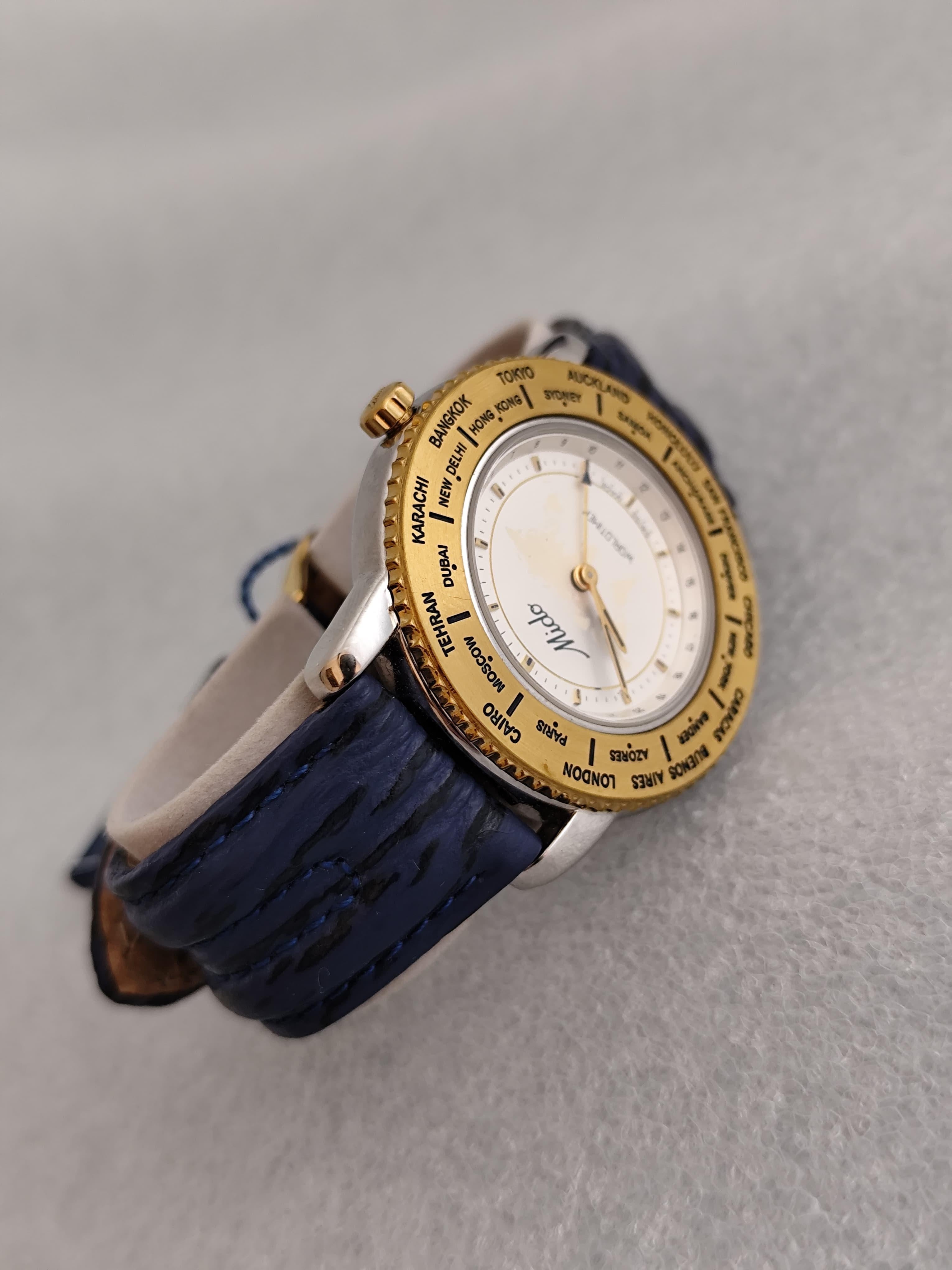 Vintage NOS Mido Worldtimer GMT 5200 Stainless Steel / Gold Plated Boxed Men Wat For Sale 11