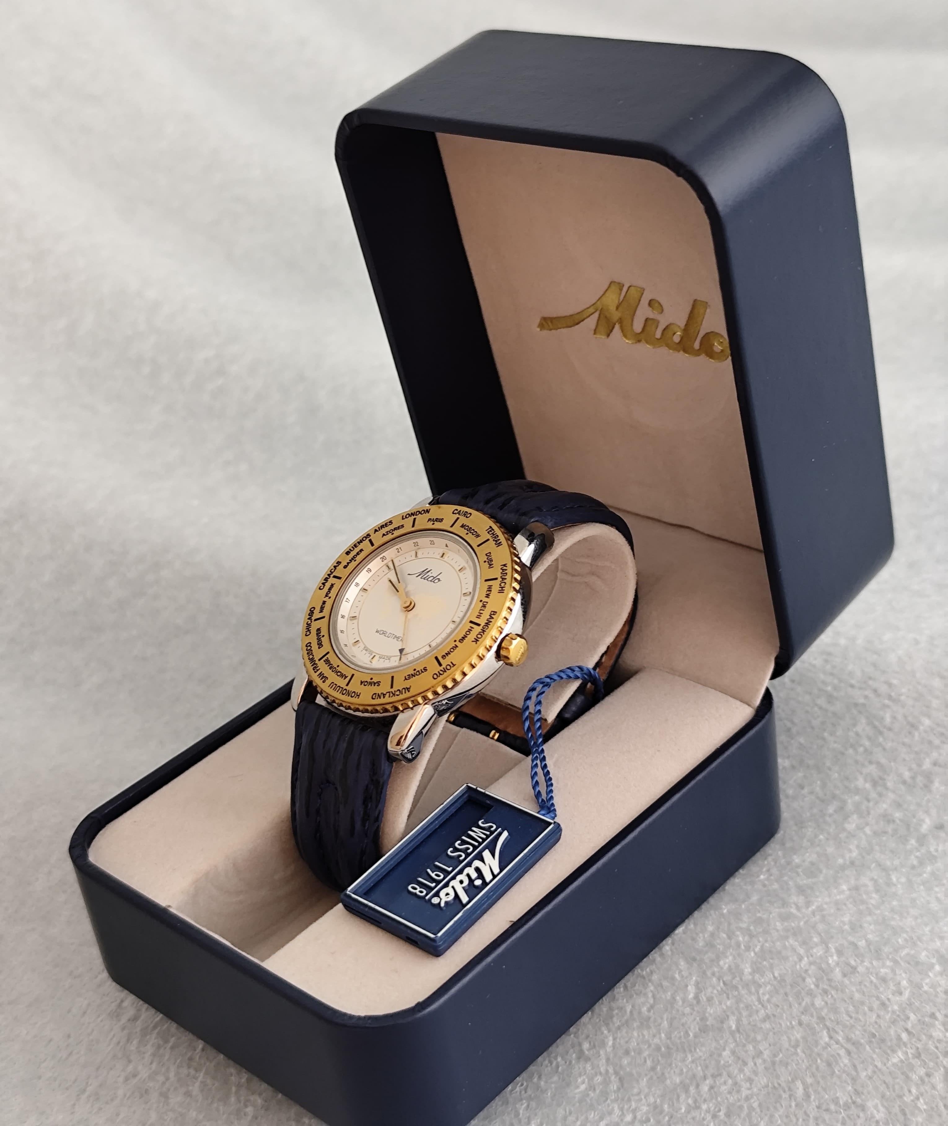 Vintage NOS Mido Worldtimer GMT 5200 Stainless Steel / Gold Plated Boxed Men Wat For Sale 12