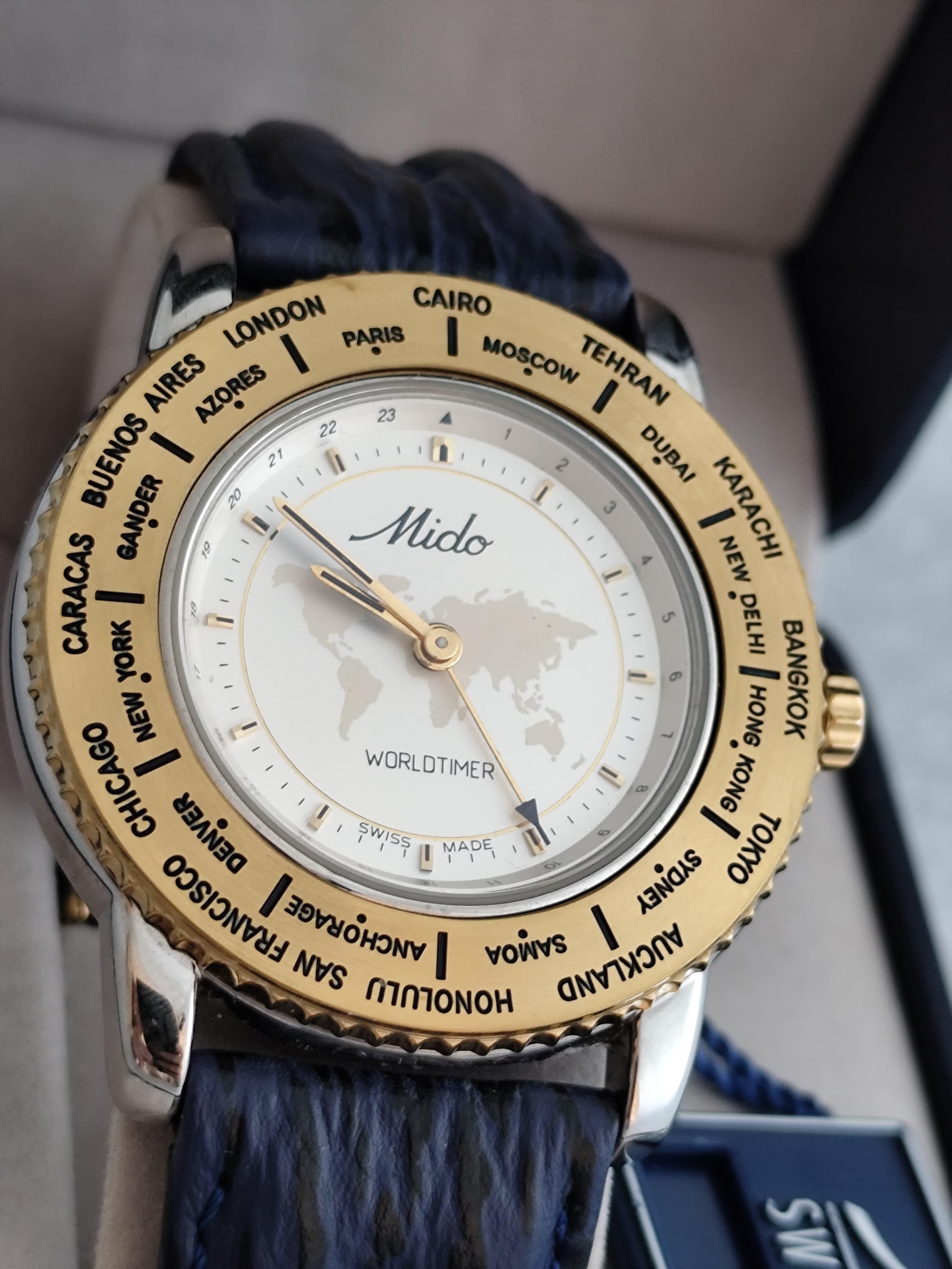 Vintage NOS Mido Worldtimer GMT 5200 Stainless Steel / Gold Plated Boxed Men Wat For Sale 13