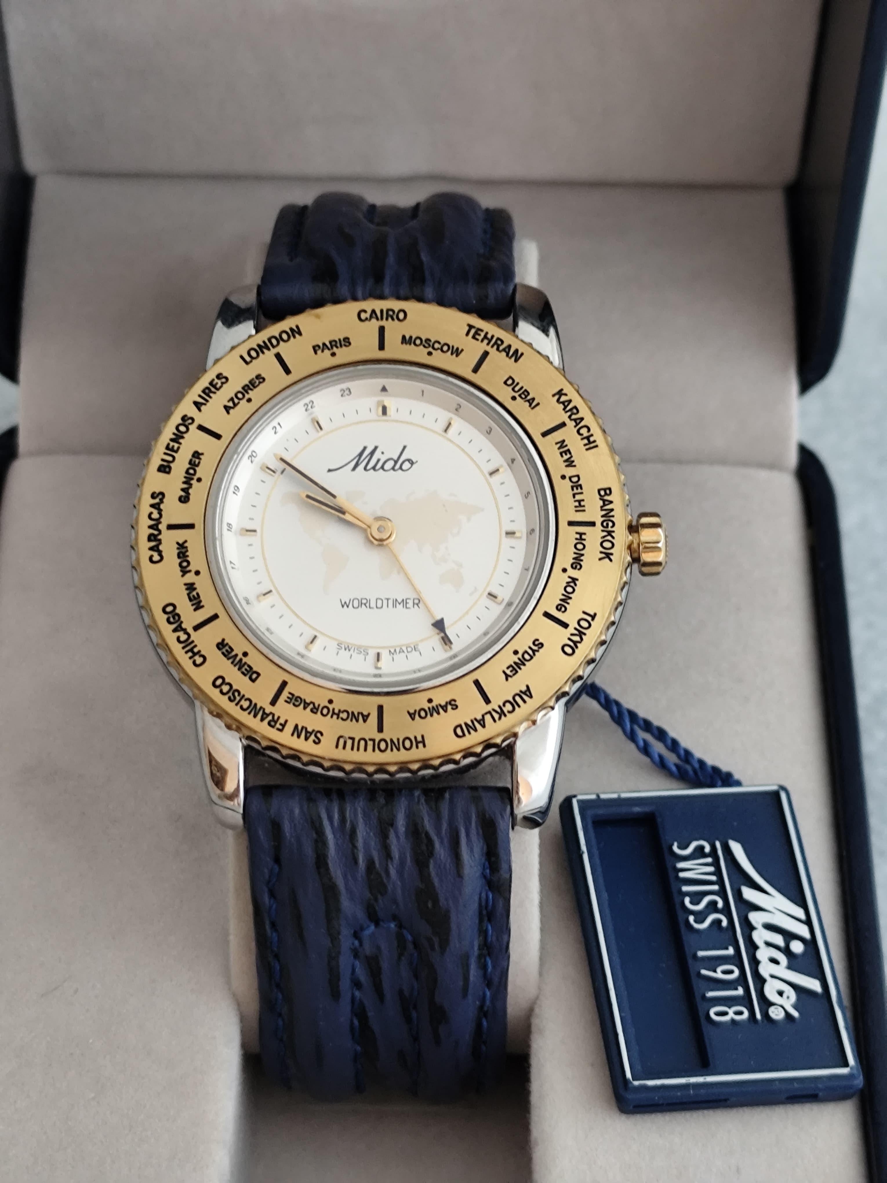 Vintage NOS Mido Worldtimer GMT 5200 Stainless Steel / Gold Plated Boxed Men Wat For Sale 14