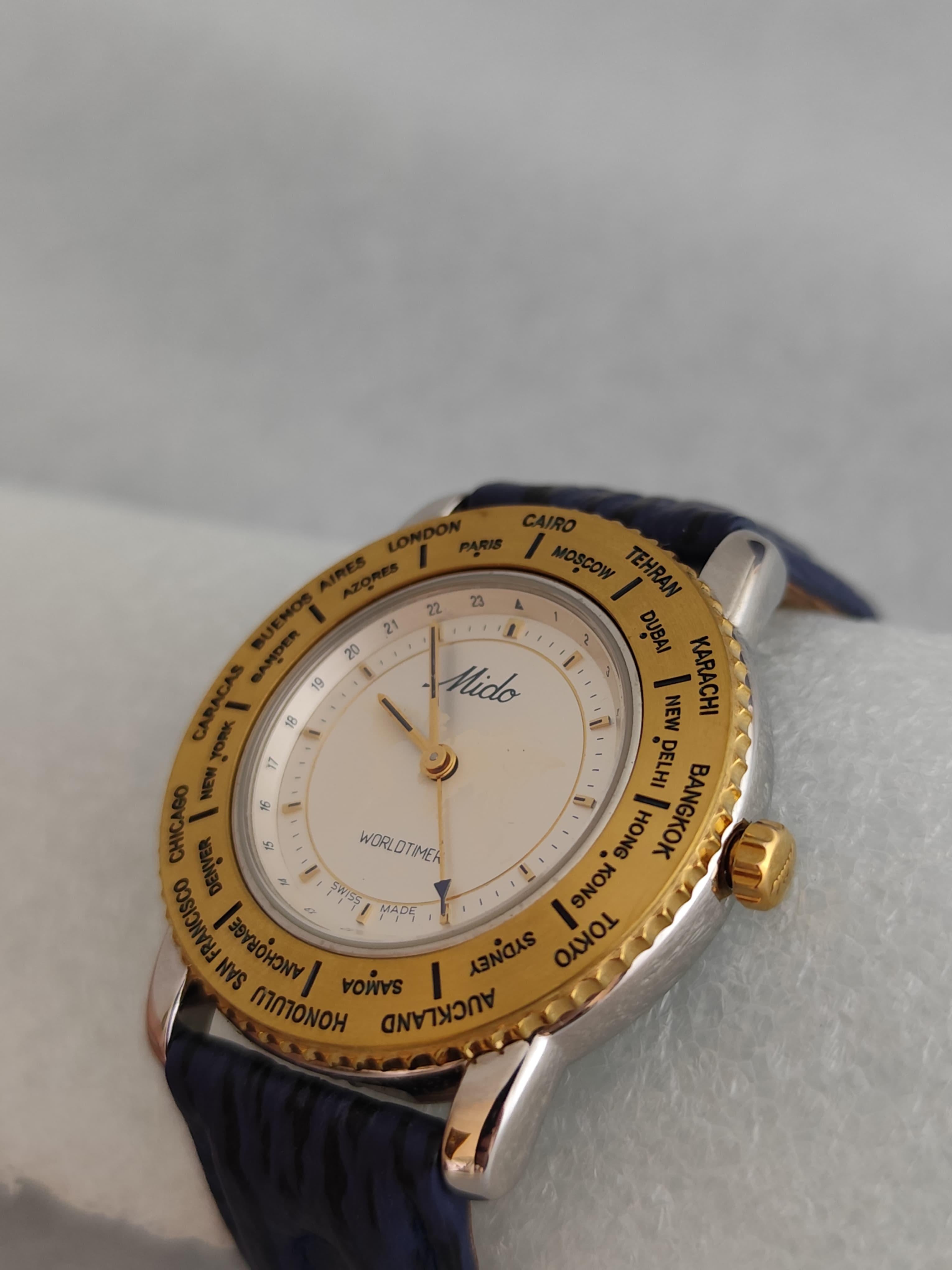 Men's Vintage NOS Mido Worldtimer GMT 5200 Stainless Steel / Gold Plated Boxed Men Wat For Sale