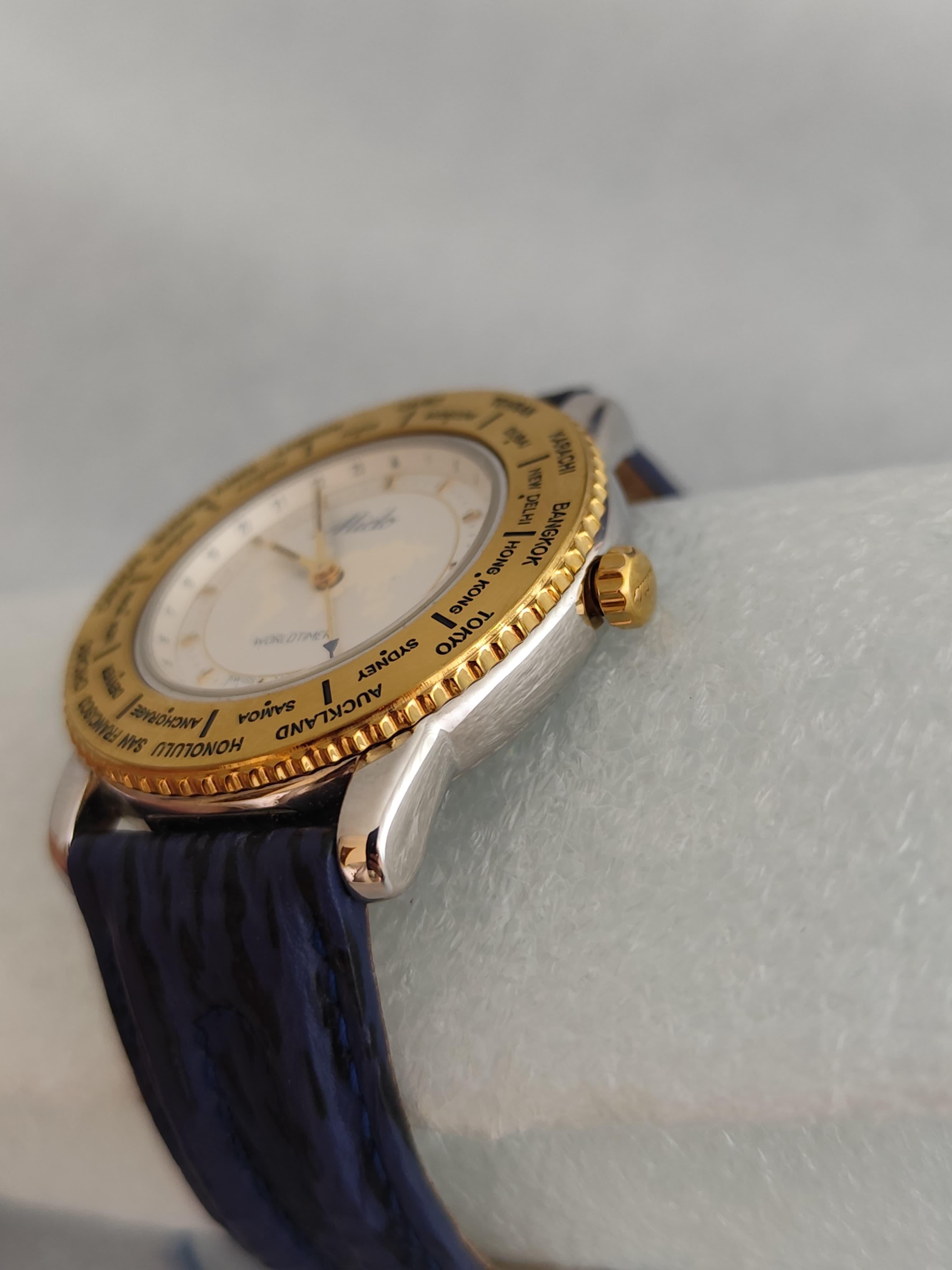 Vintage NOS Mido Worldtimer GMT 5200 Stainless Steel / Gold Plated Boxed Men Wat For Sale 1