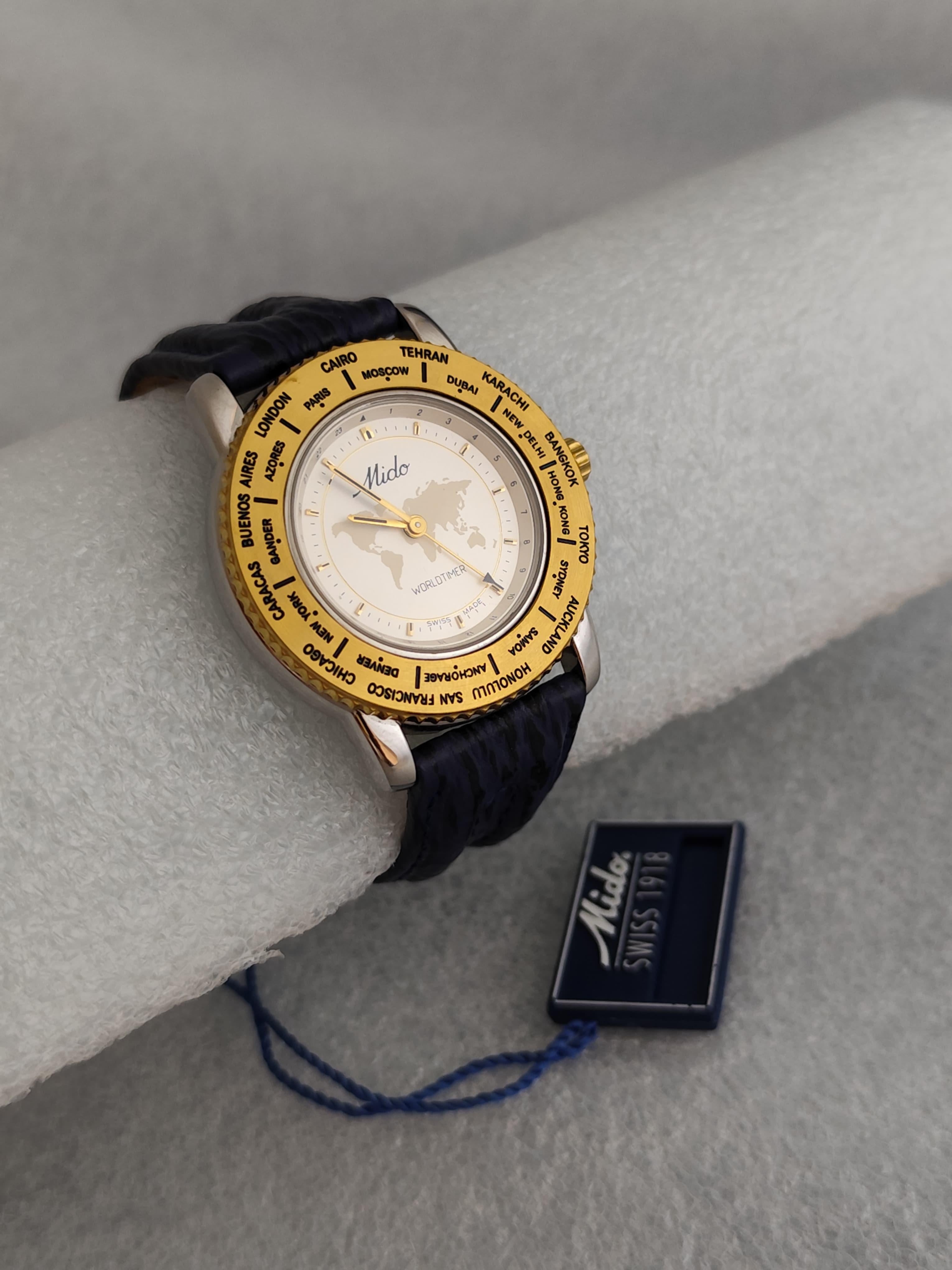 Vintage NOS Mido Worldtimer GMT 5200 Stainless Steel / Gold Plated Boxed Men Wat For Sale 3