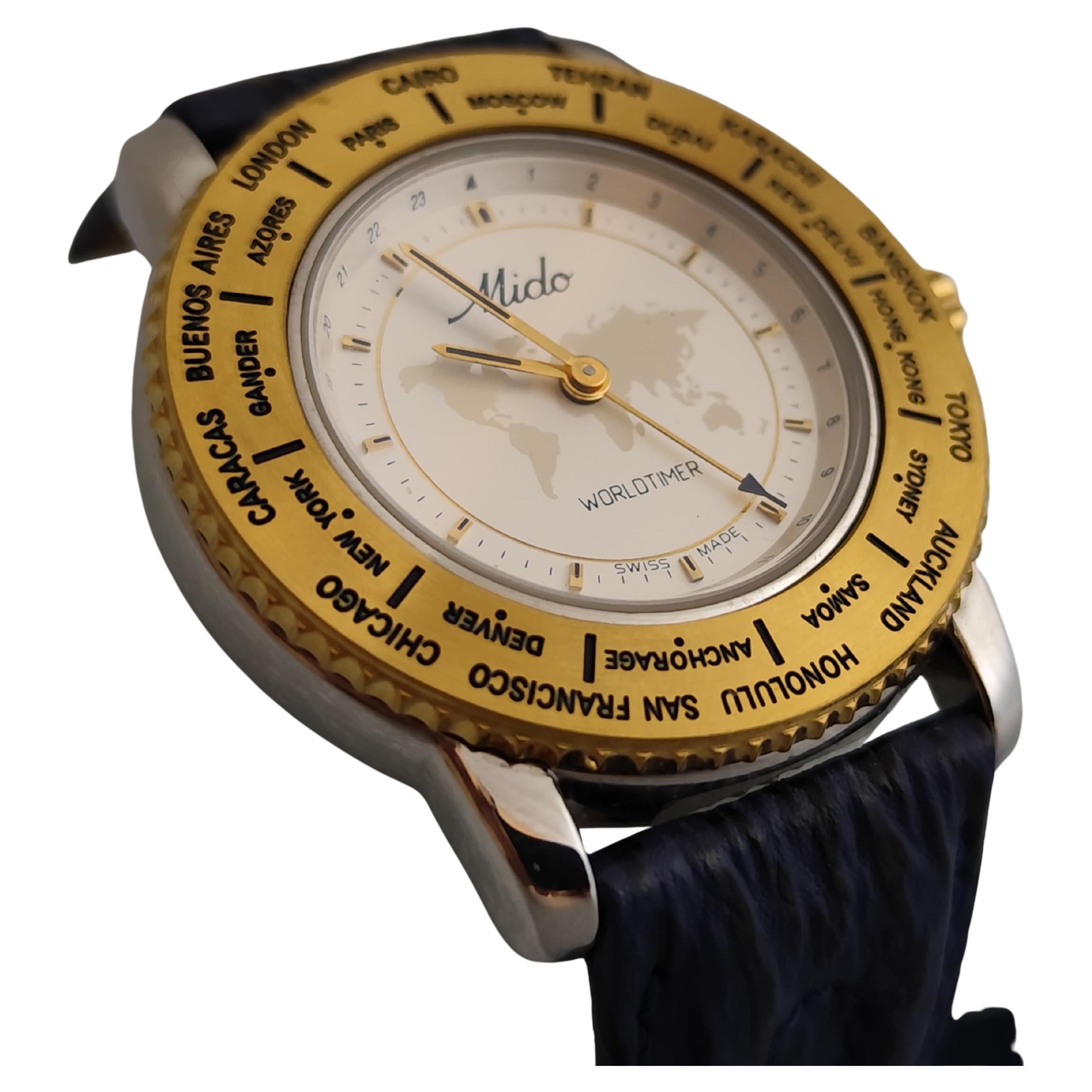 Vintage NOS Mido Worldtimer GMT 5200 Stainless Steel / Gold Plated Boxed Men Wat For Sale