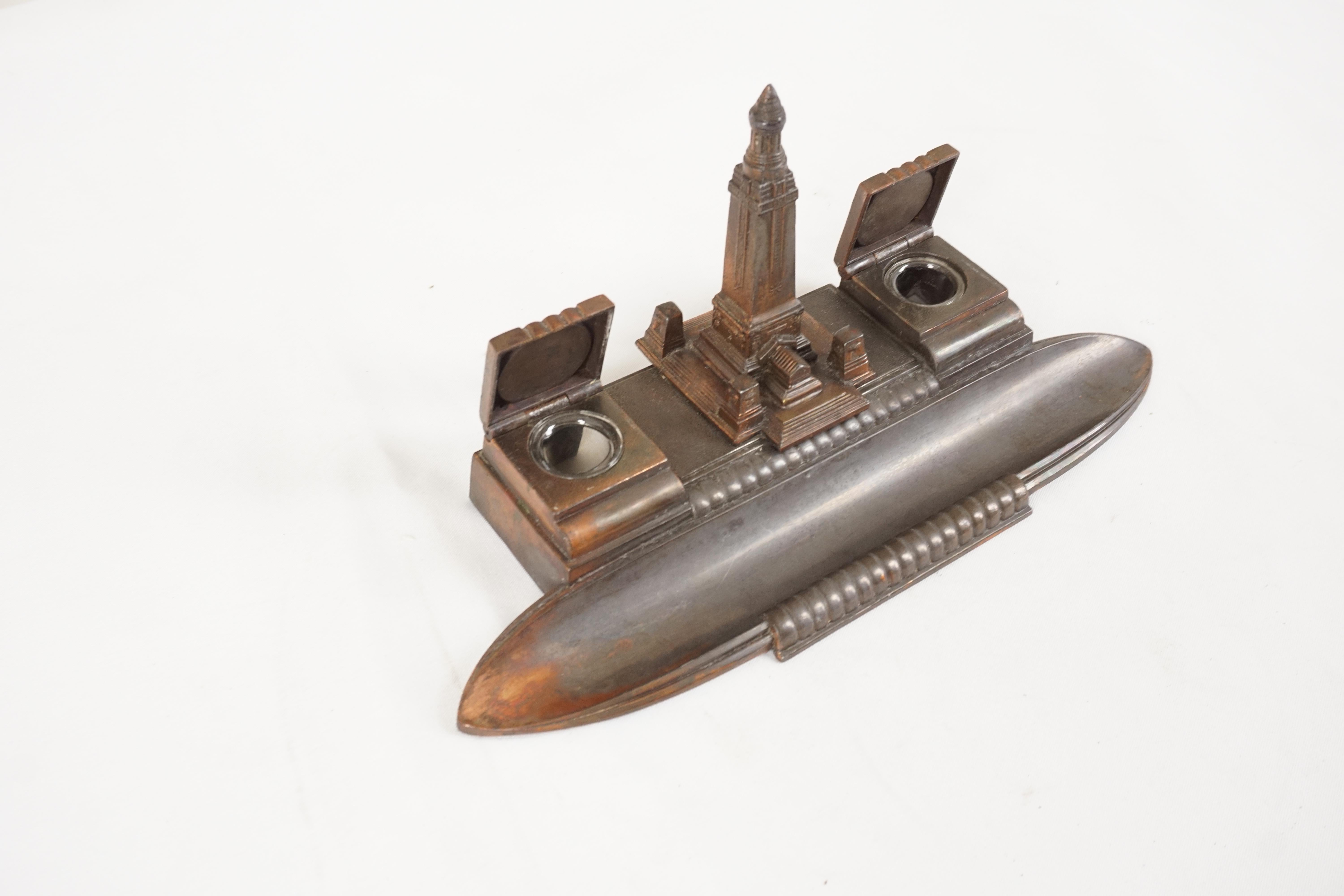 Vintage Notre Dame De Lorette Copper Double Inkwell, France 1930, H556 In Good Condition For Sale In Vancouver, BC