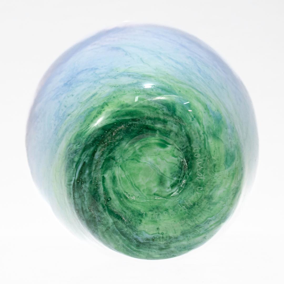 Vintage Nourot Glass Studio Signed David Lindsay 1989 Blue Green Art Glass Vase For Sale 4