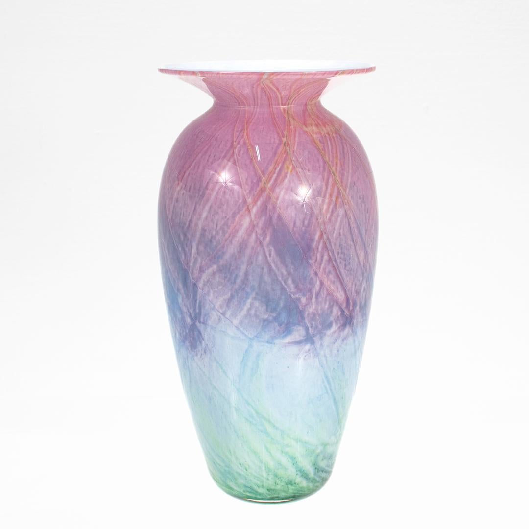 Modern Vintage Nourot Glass Studio Signed David Lindsay 1989 Blue Green Art Glass Vase For Sale