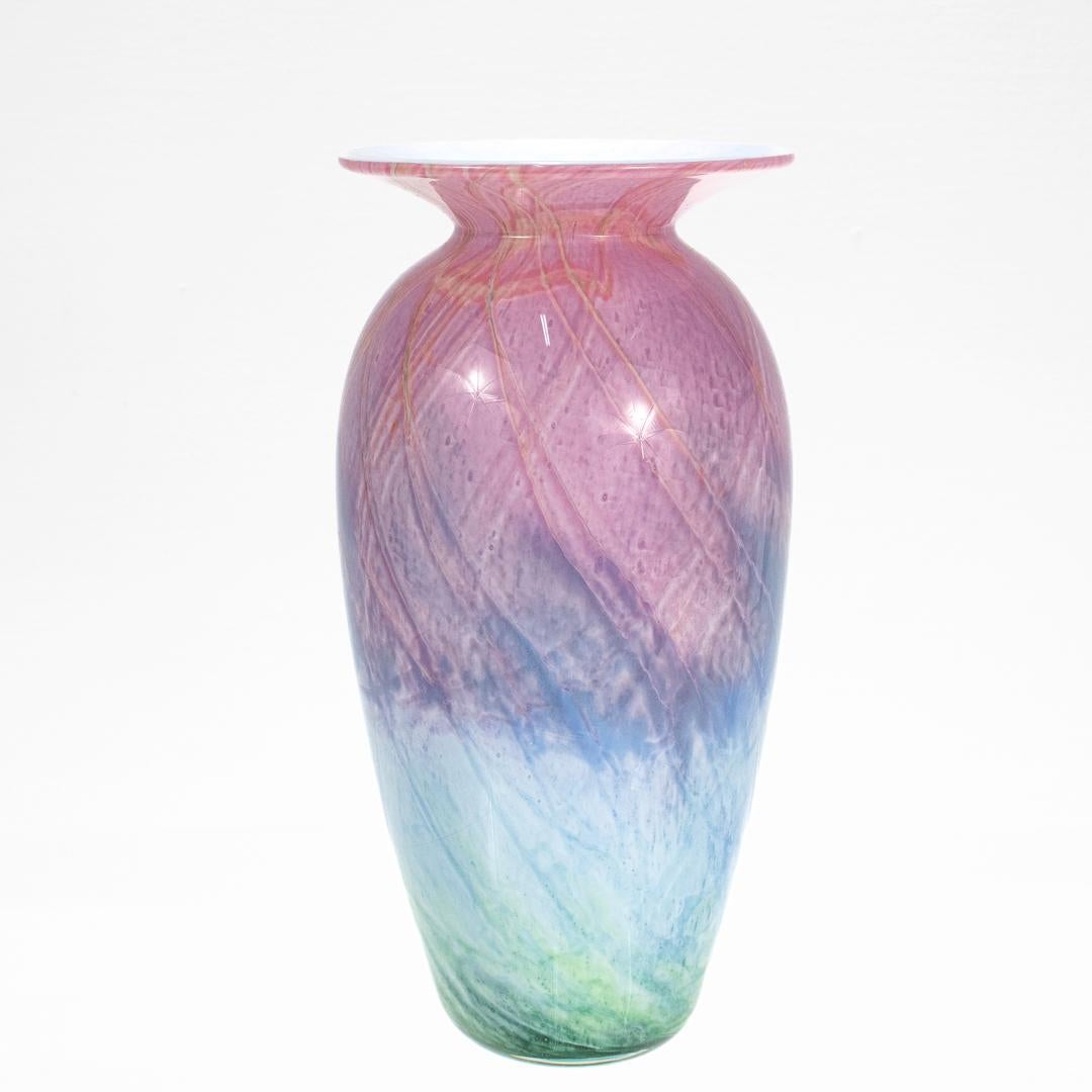American Vintage Nourot Glass Studio Signed David Lindsay 1989 Blue Green Art Glass Vase For Sale