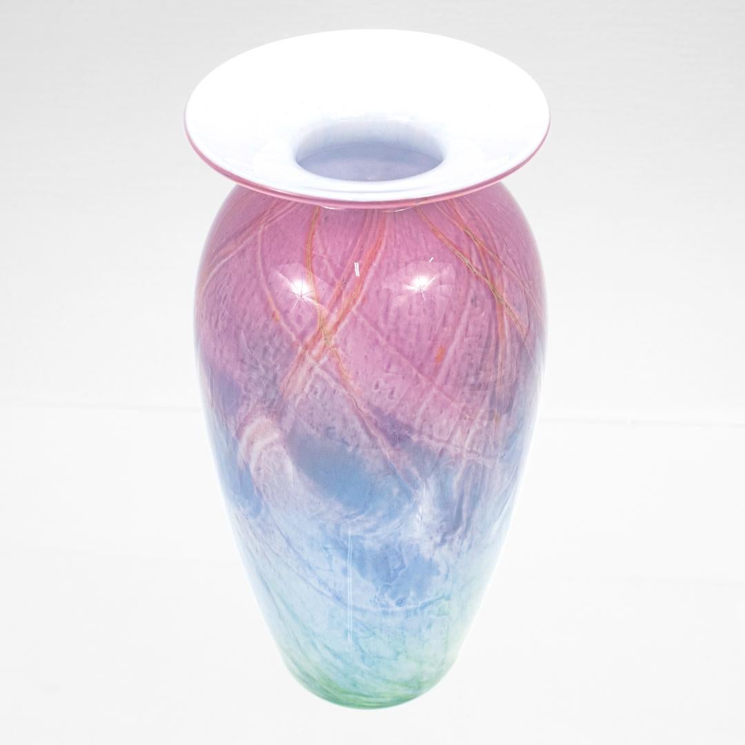 Vase en verre d'art bleu et vert vintage Nourot Glass Studio signé David Lindsay 1989 en vente 1