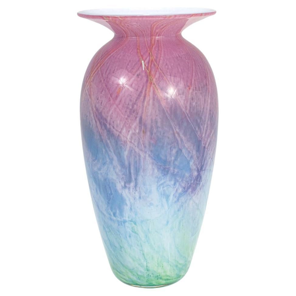 Vase en verre d'art bleu et vert vintage Nourot Glass Studio signé David Lindsay 1989