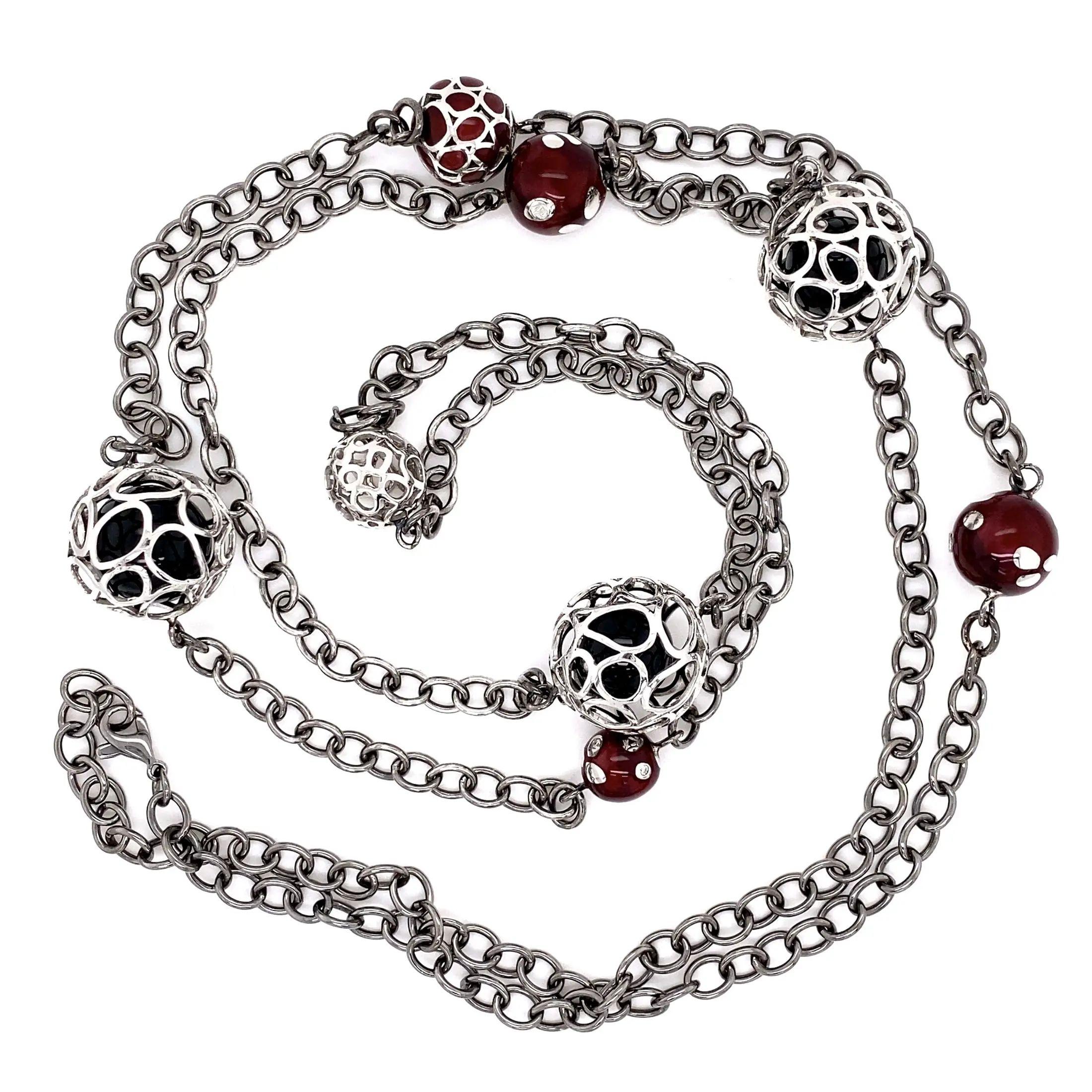 Mixed Cut Vintage NOUVELLE BAGUE Onyx, Red Enamel Diamond Long Gold Link Necklace For Sale