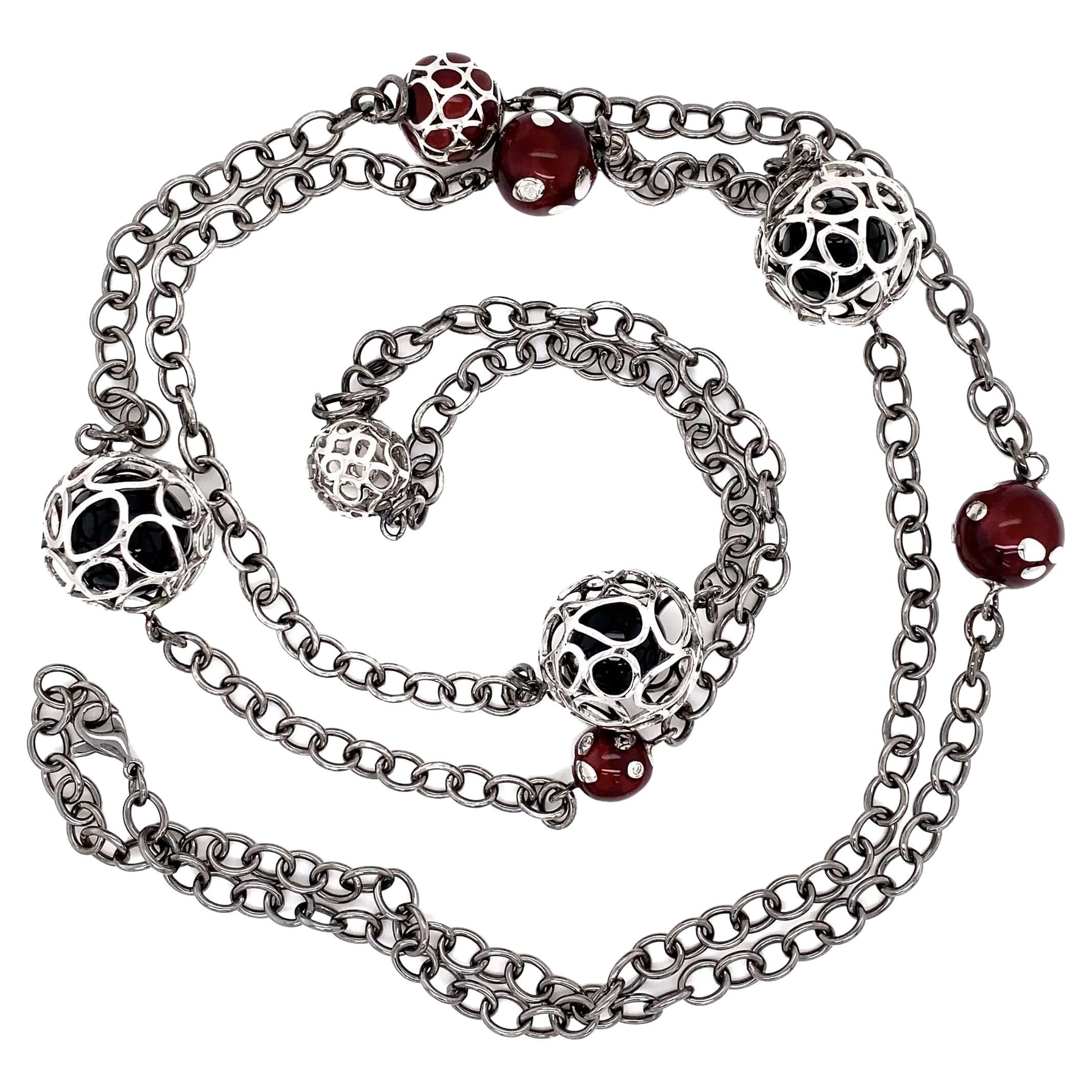 Vintage NOUVELLE BAGUE Onyx, Red Enamel Diamond Long Gold Link Necklace For Sale