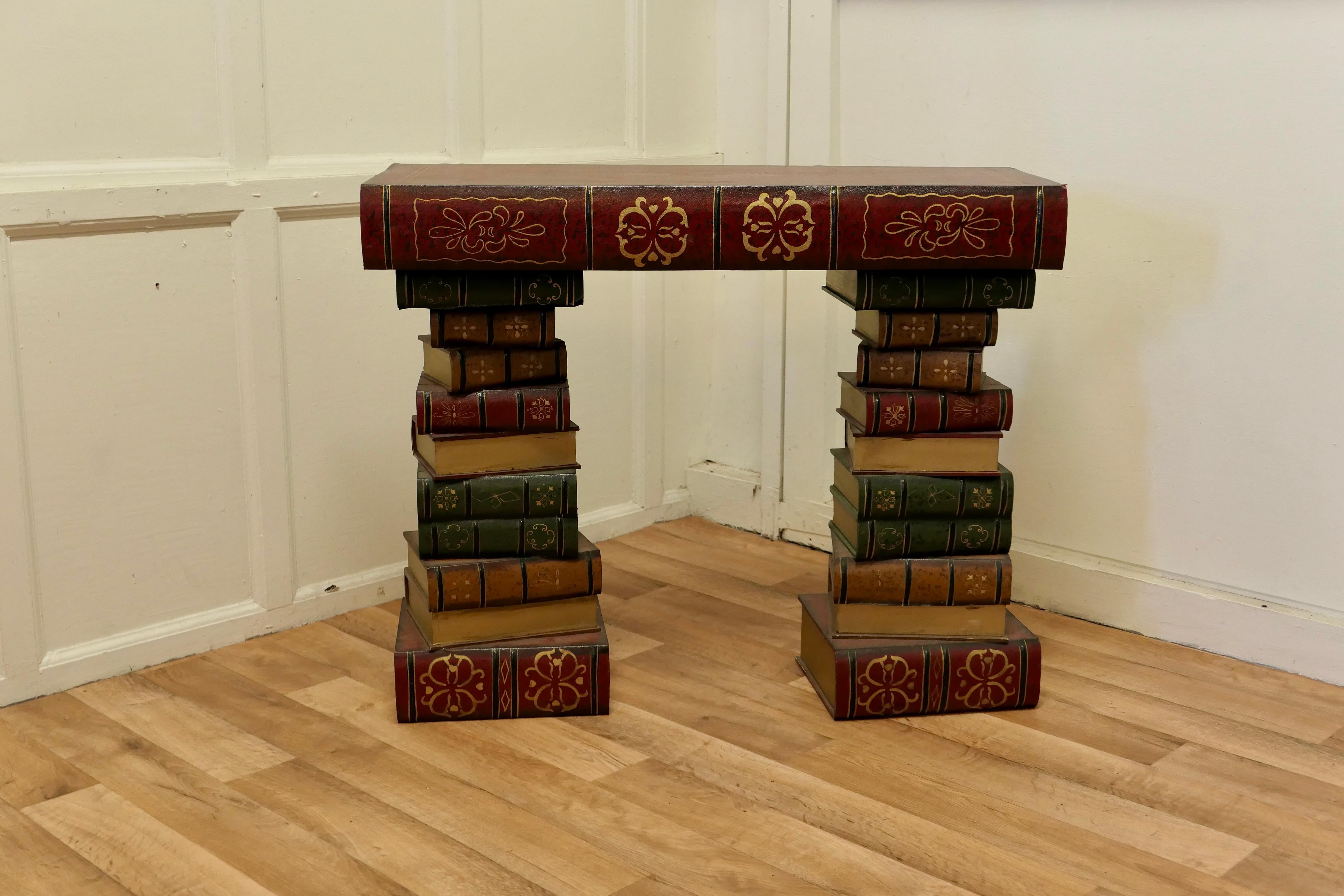 Vintage Novelty Trompe-L’oeil writing table of giant books, greeting desk

The desk is made with wooden and simulated leather books, a fun Trompe-L’oeil and a very attractive conversation piece

The table is 30” high, 36