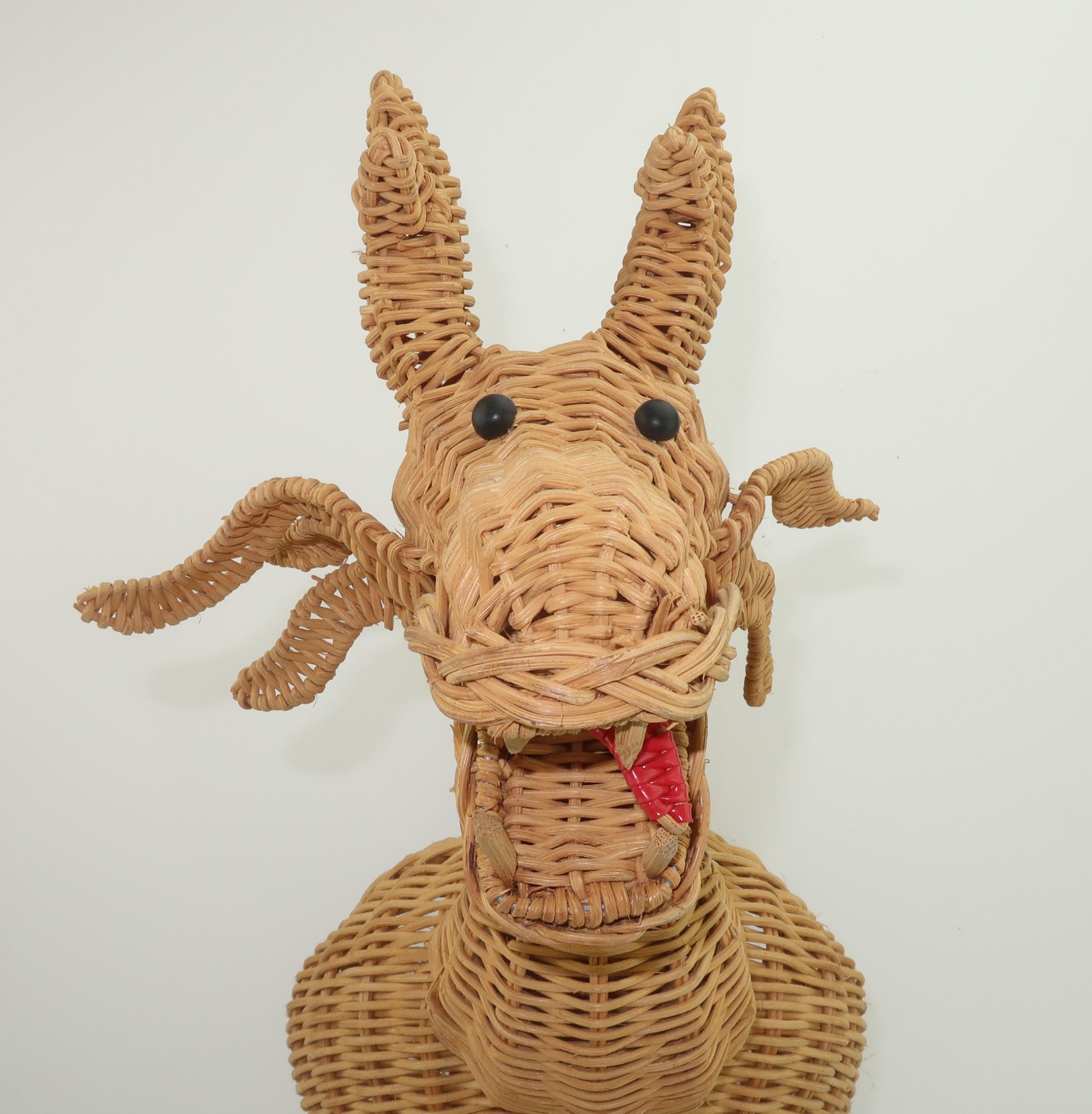 Brown Vintage Novelty Wicker Dragon Basket Tote Handbag