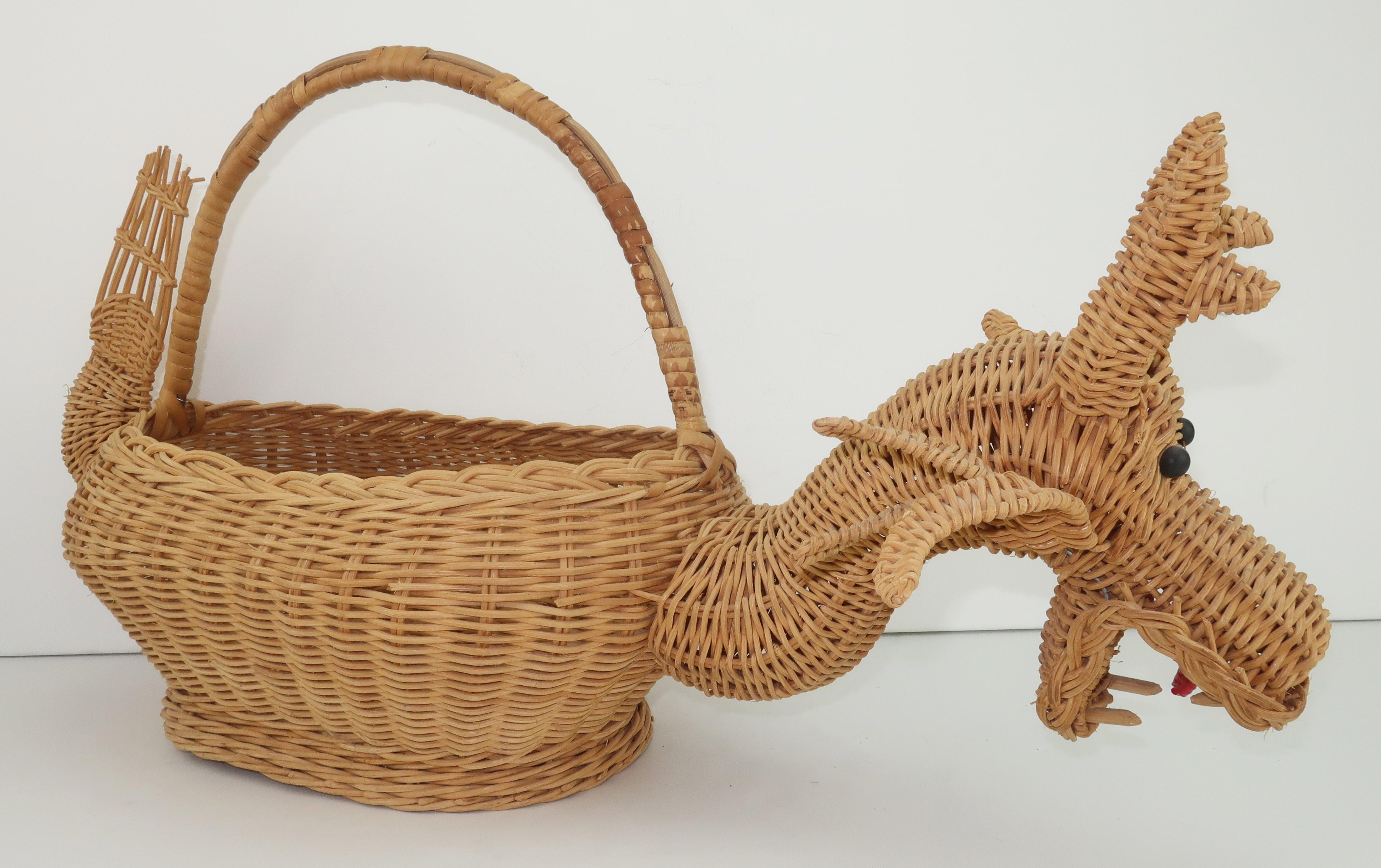 Women's or Men's Vintage Novelty Wicker Dragon Basket Tote Handbag