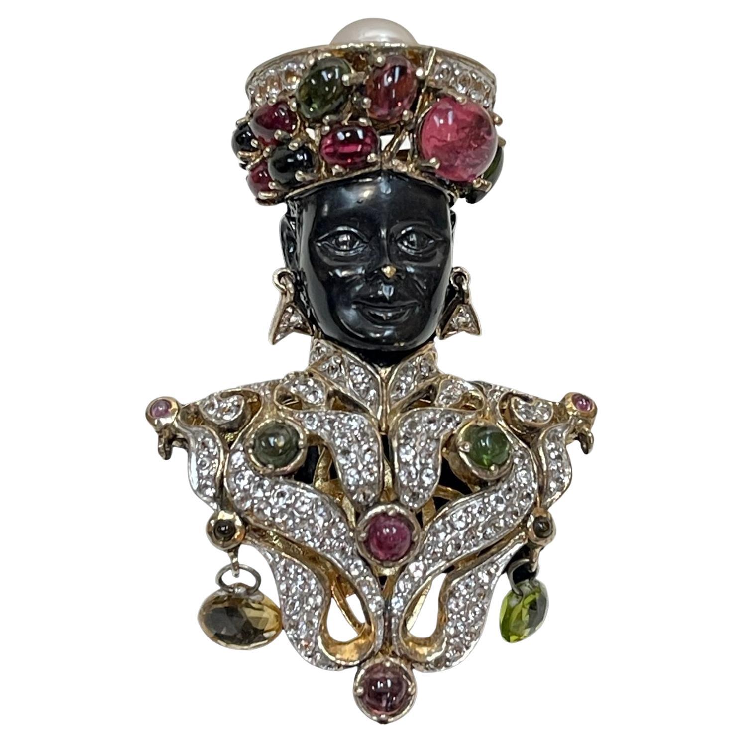 Vintage Nubian Prince Multi Gem Diamante Designer vergoldet 925 Silber Brosche Pin  im Angebot