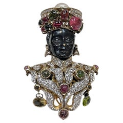 Antique Nubian Prince Multi Gem Diamante Designer Gilt 925 Silver Brooch Pin 