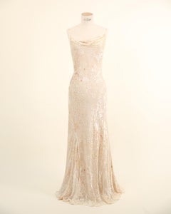 Vintage nude ivory beaded silk sheer floral layered wedding slip dress gown M L