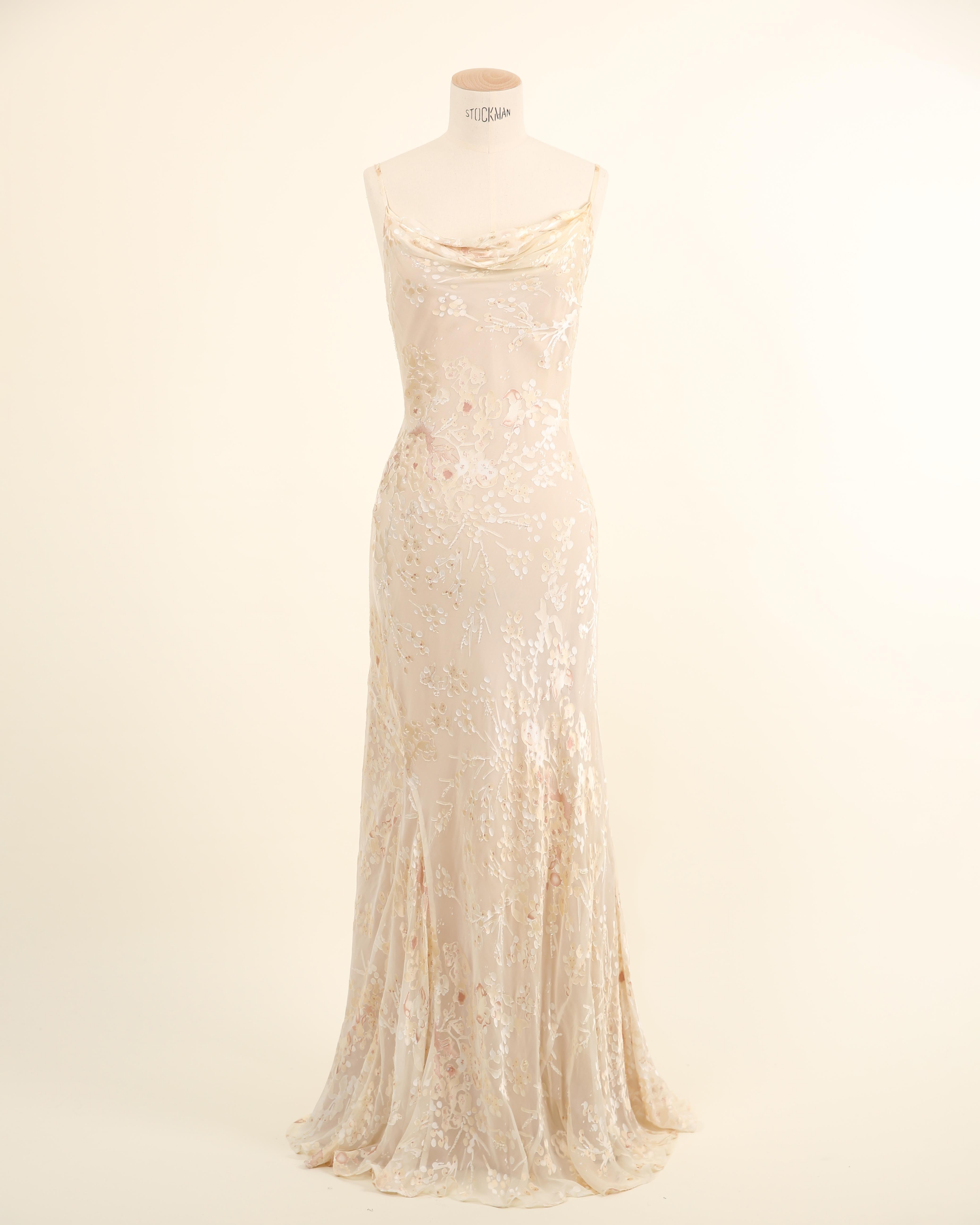 Vintage nude ivory beaded silk sheer floral layered wedding slip dress gown M L In Excellent Condition In Paris, FR
