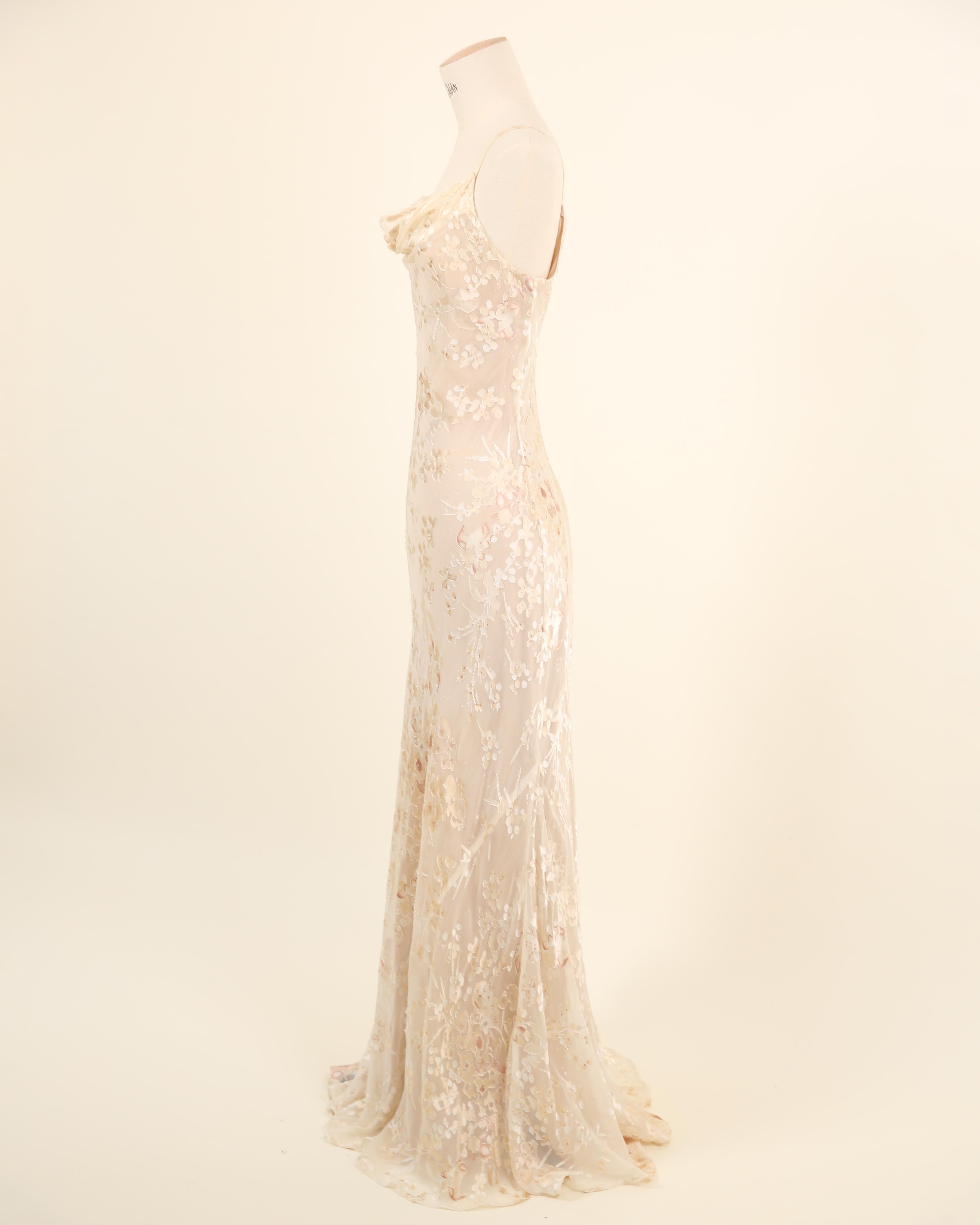 Vintage nude ivory beaded silk sheer floral layered wedding slip dress gown M L For Sale 1