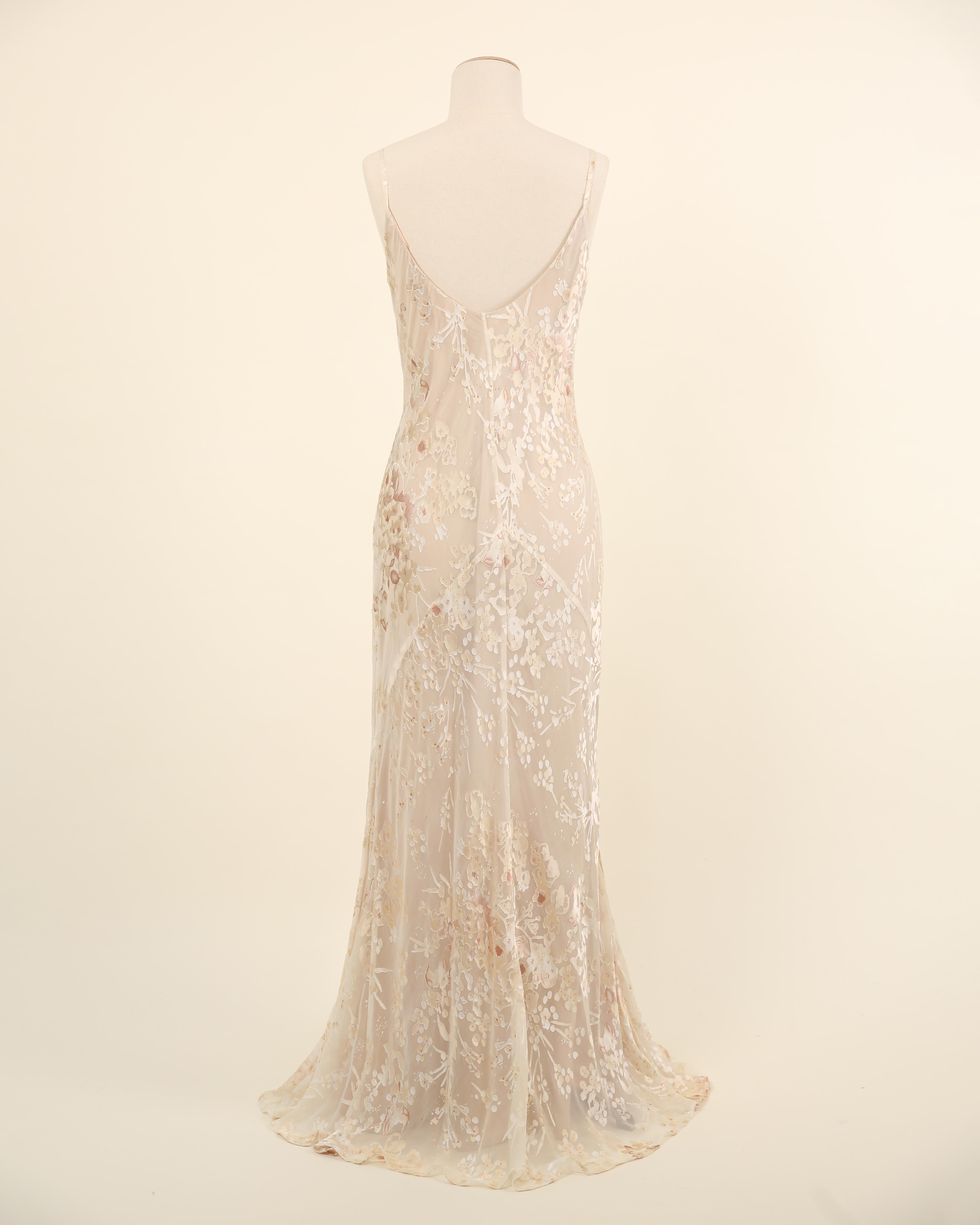 Vintage nude ivory beaded silk sheer floral layered wedding slip dress gown M L For Sale 2