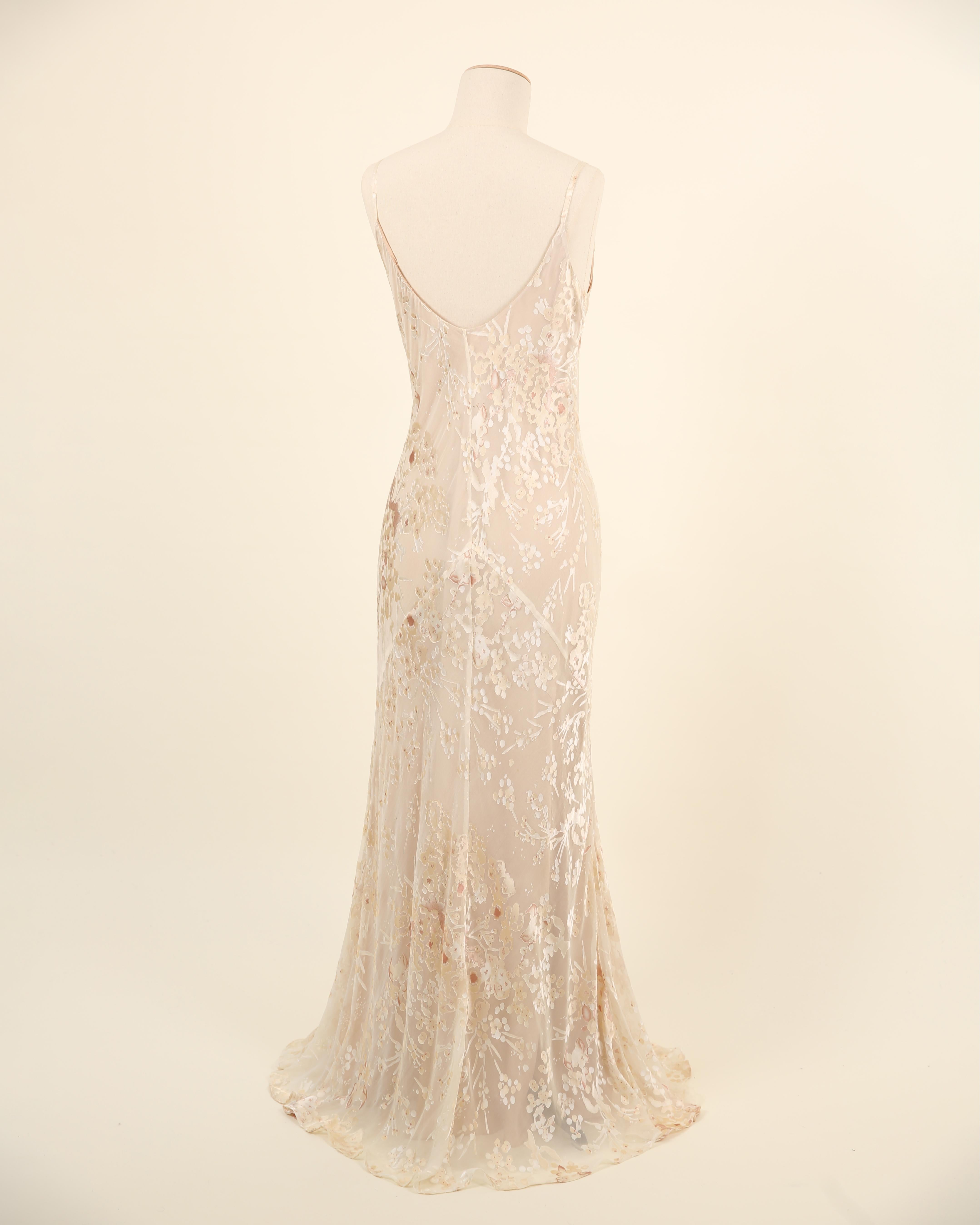 Vintage nude ivory beaded silk sheer floral layered wedding slip dress gown M L For Sale 3