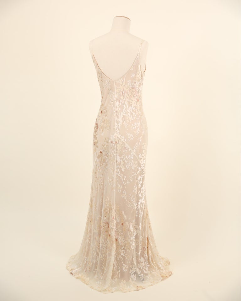 Vintage nude ivory beaded silk sheer floral layered wedding slip dress gown  M L at 1stDibs