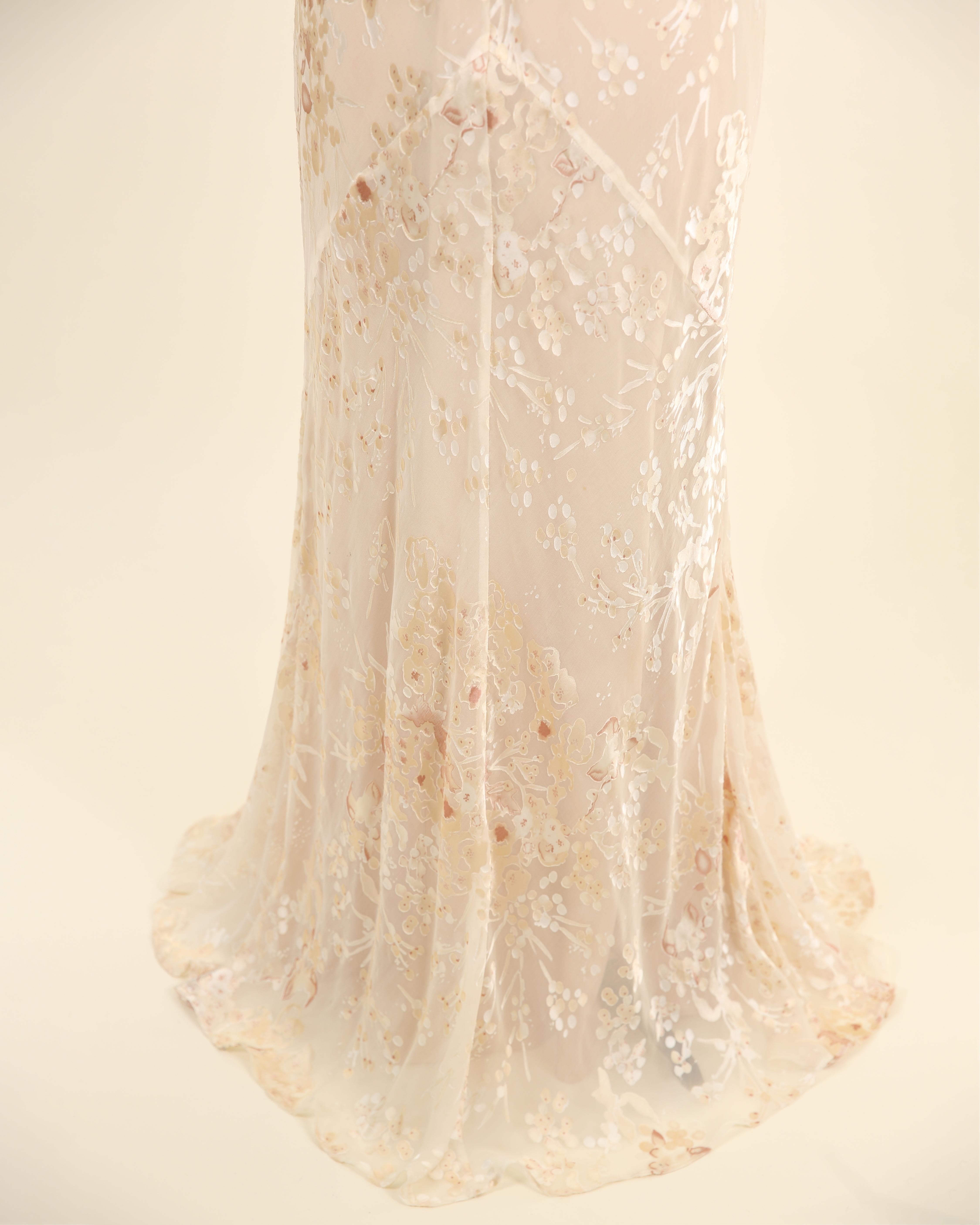 Vintage nude ivory beaded silk sheer floral layered wedding slip dress gown M L For Sale 4