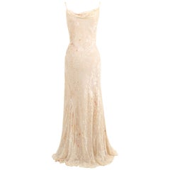 Vintage nude ivory beaded silk sheer floral layered wedding slip dress gown M L