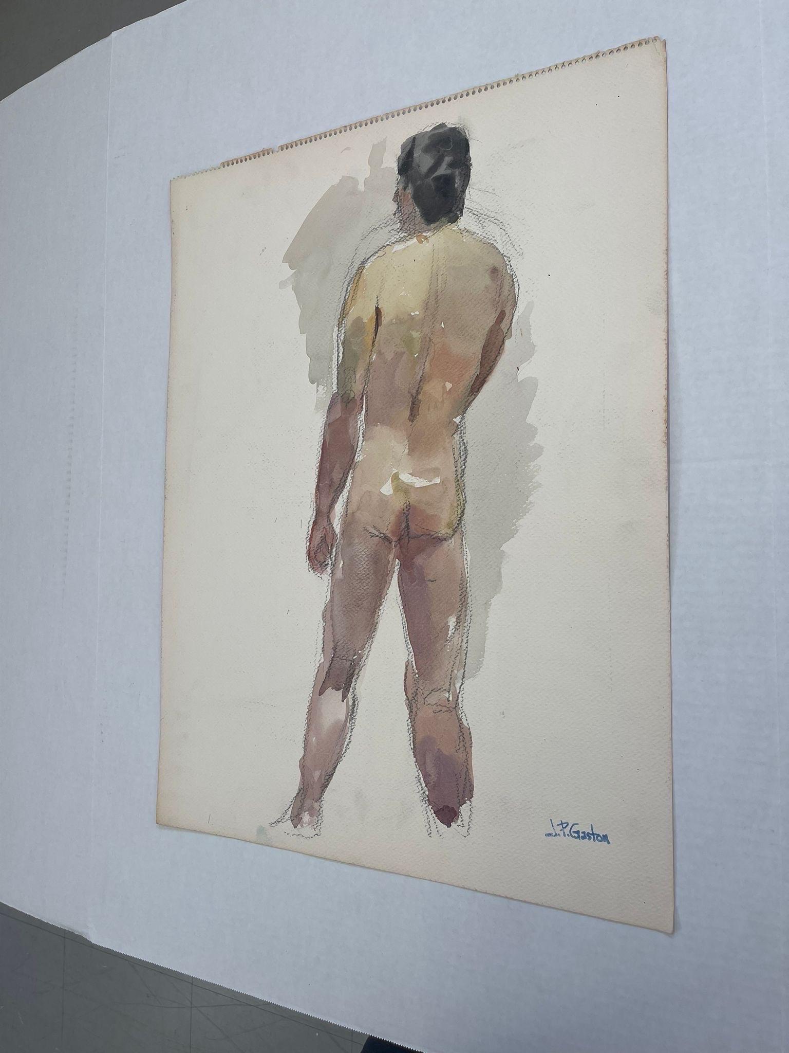 Mid-Century Modern Vintage Nude Male Portrait on Paper.
