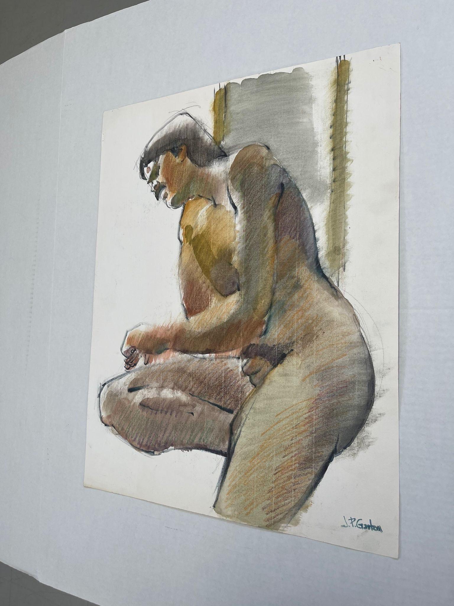 Vintage Nude Male Portrait on Paper In Good Condition For Sale In Seattle, WA