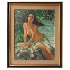 Vintage Nude 'Pin Up' Style Portrait, Original Oil Painting by Romeo Enriquez