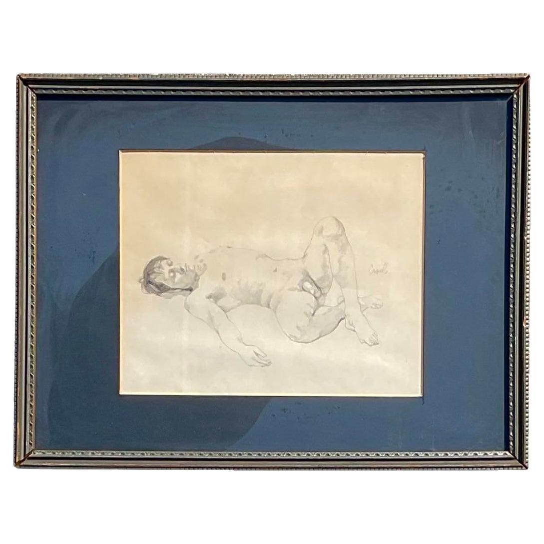 Vintage Nude Sketch on Canvas