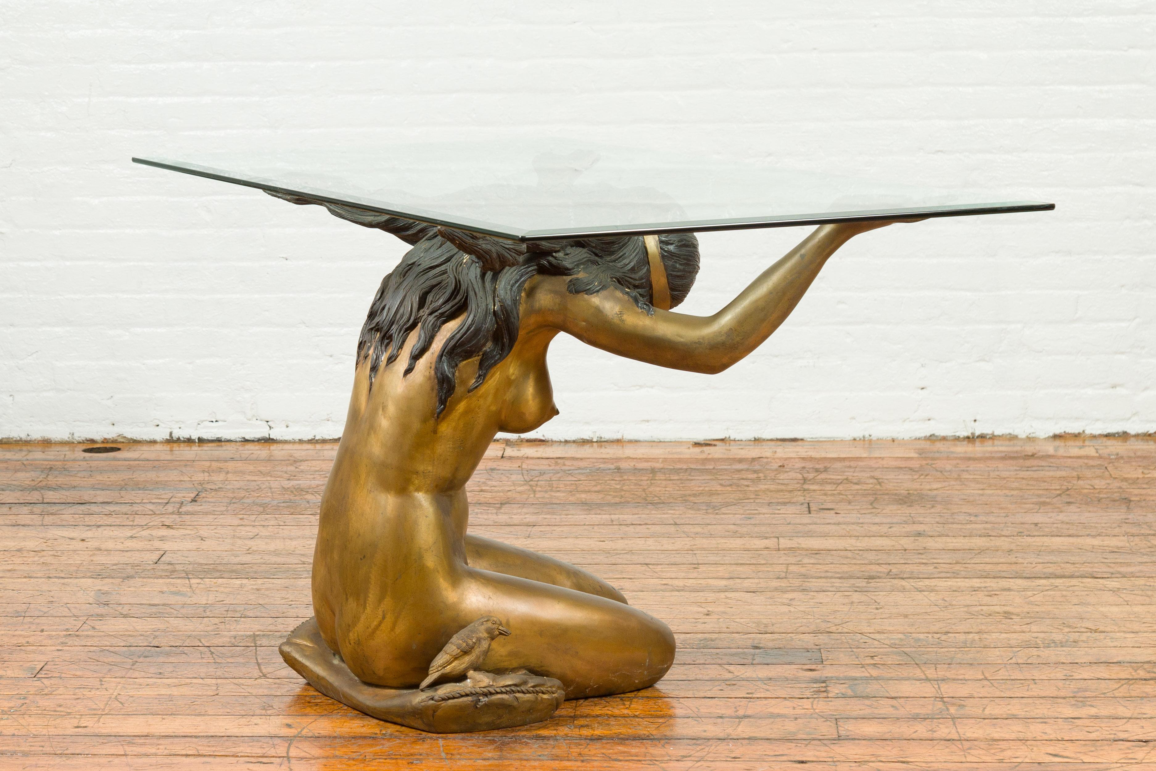 Vintage Nude Woman Lost Wax Cast Bronze Coffee Table Base with Gold Patina For Sale 4