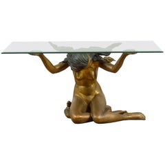 Vintage Nude Woman Lost Wax Cast Bronze Coffee Table Base with Gold Patina