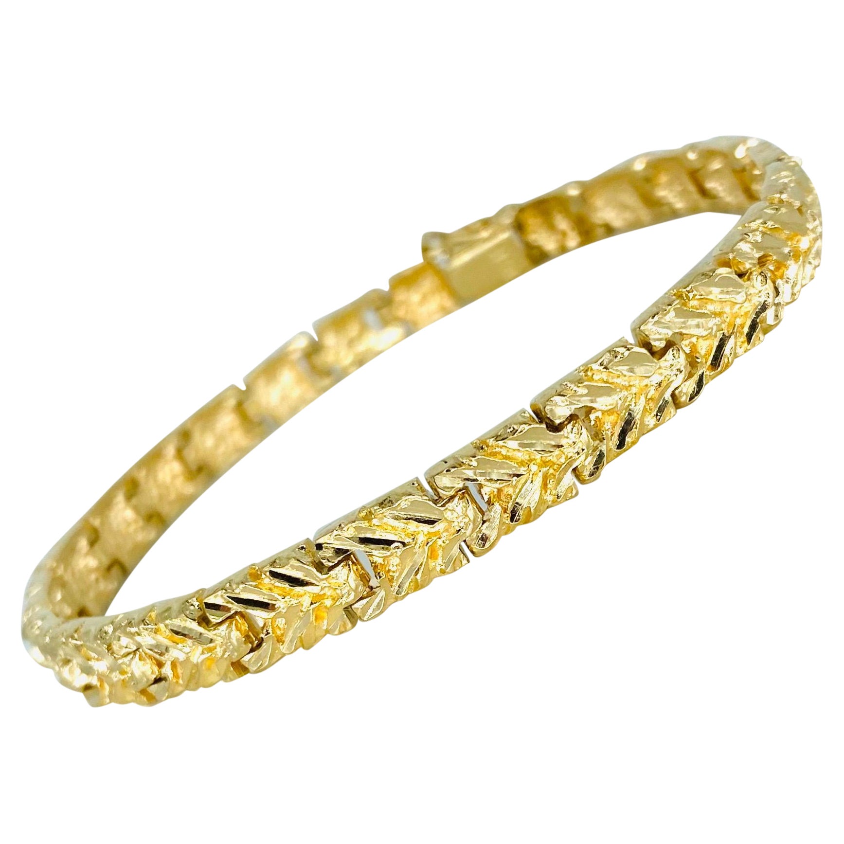 Pulsera de eslabones estilo pepita vintage con diseño de hoja y corte de diamante Oro de 14k