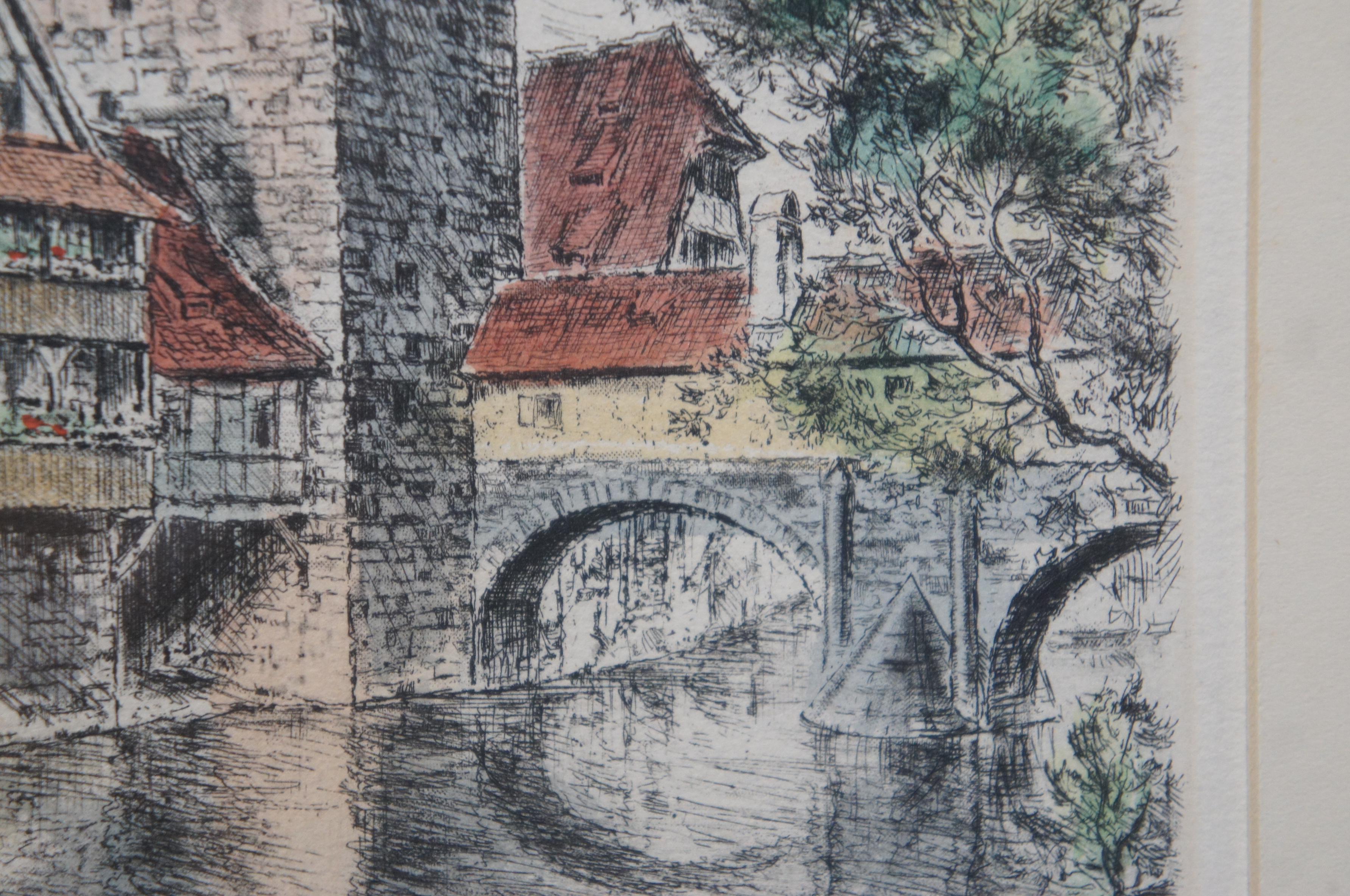 Vintage Nuremburg Deutschland Hangman's Bridge Canal Cityscape Radierung 14