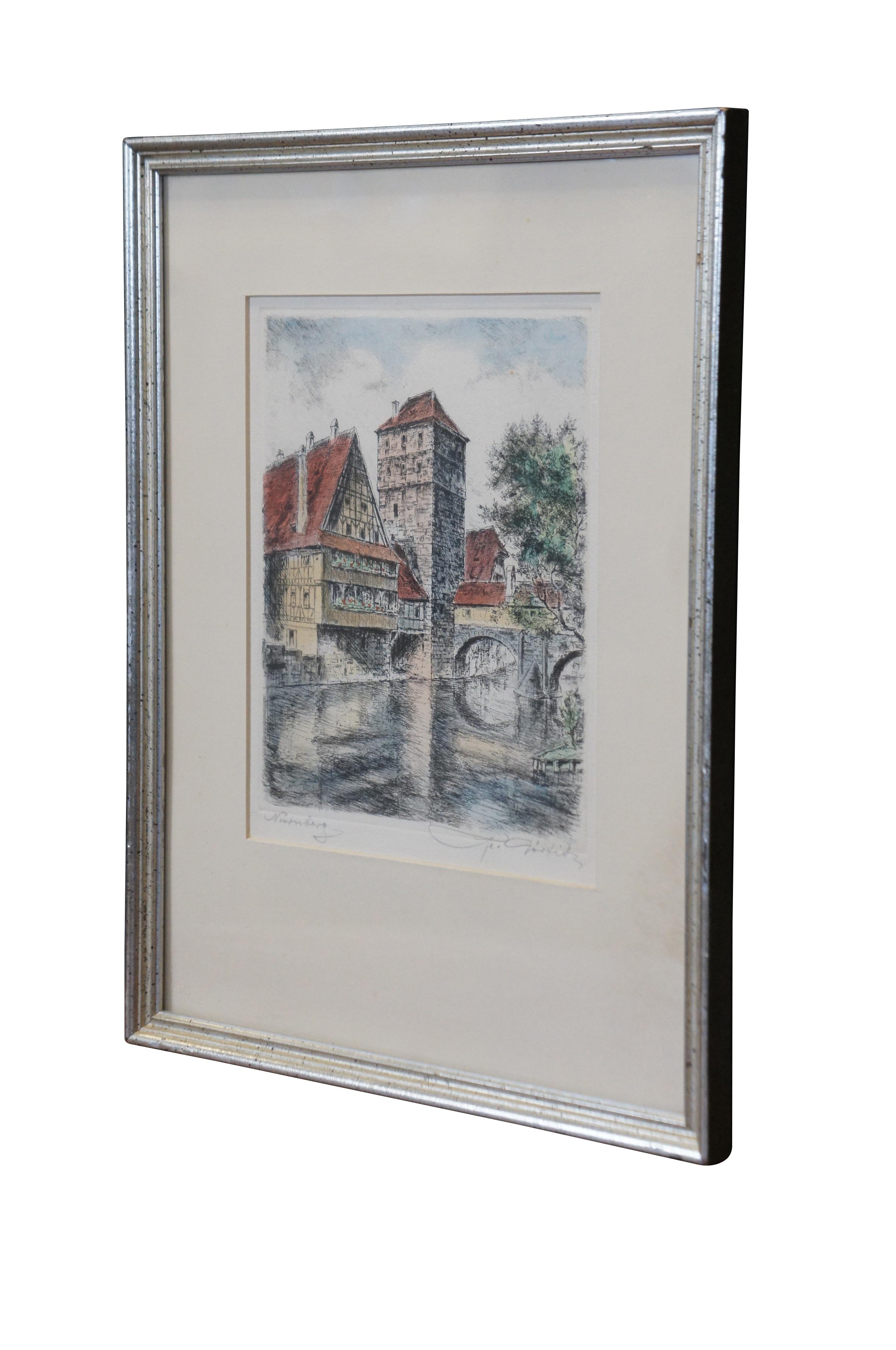 Vintage Nuremburg Deutschland Hangman's Bridge Canal Cityscape Radierung 14