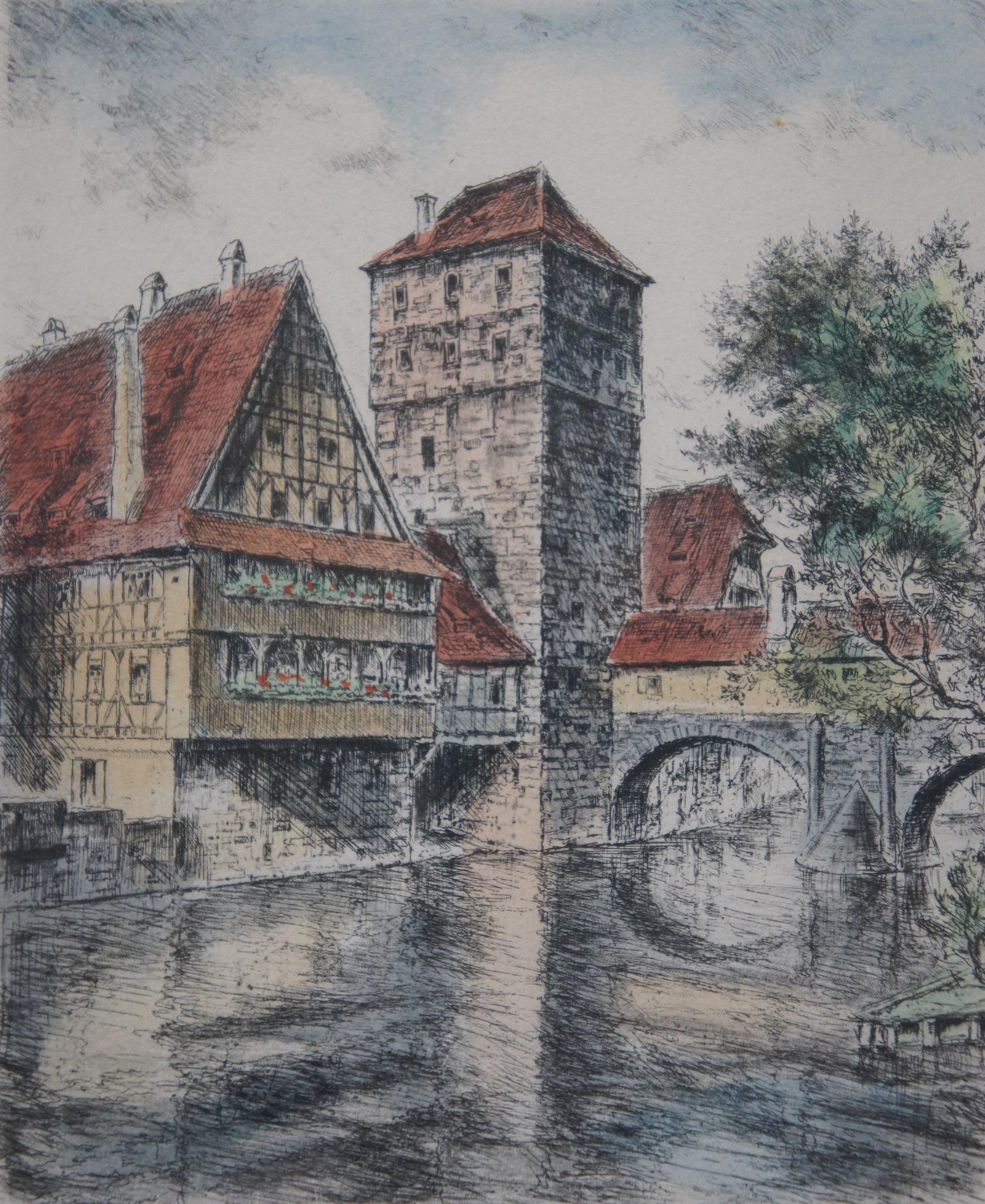Vintage Nuremburg Deutschland Hangman's Bridge Canal Cityscape Radierung 14