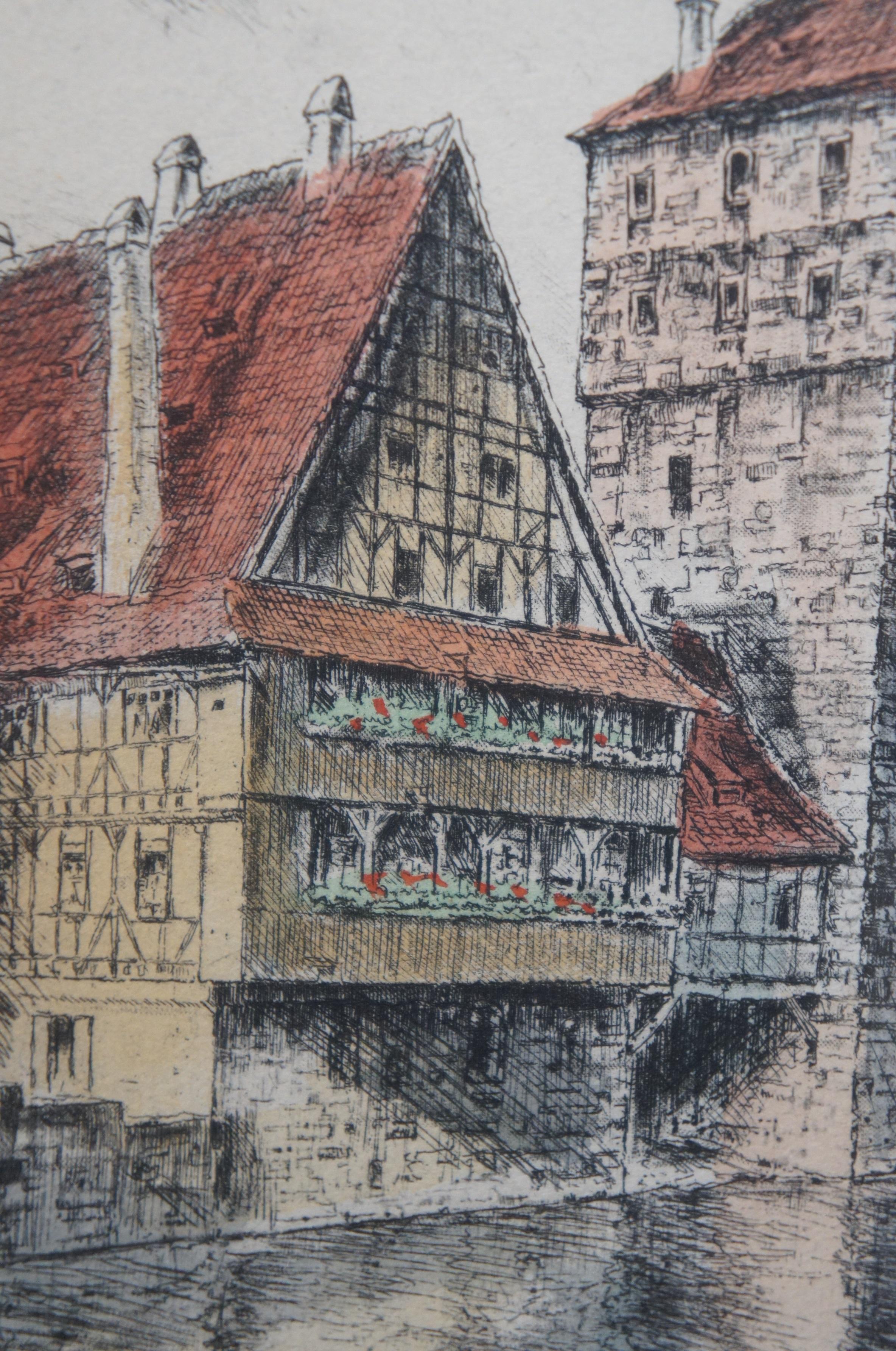 Vintage Nuremburg Deutschland Hangman's Bridge Canal Cityscape Radierung 14
