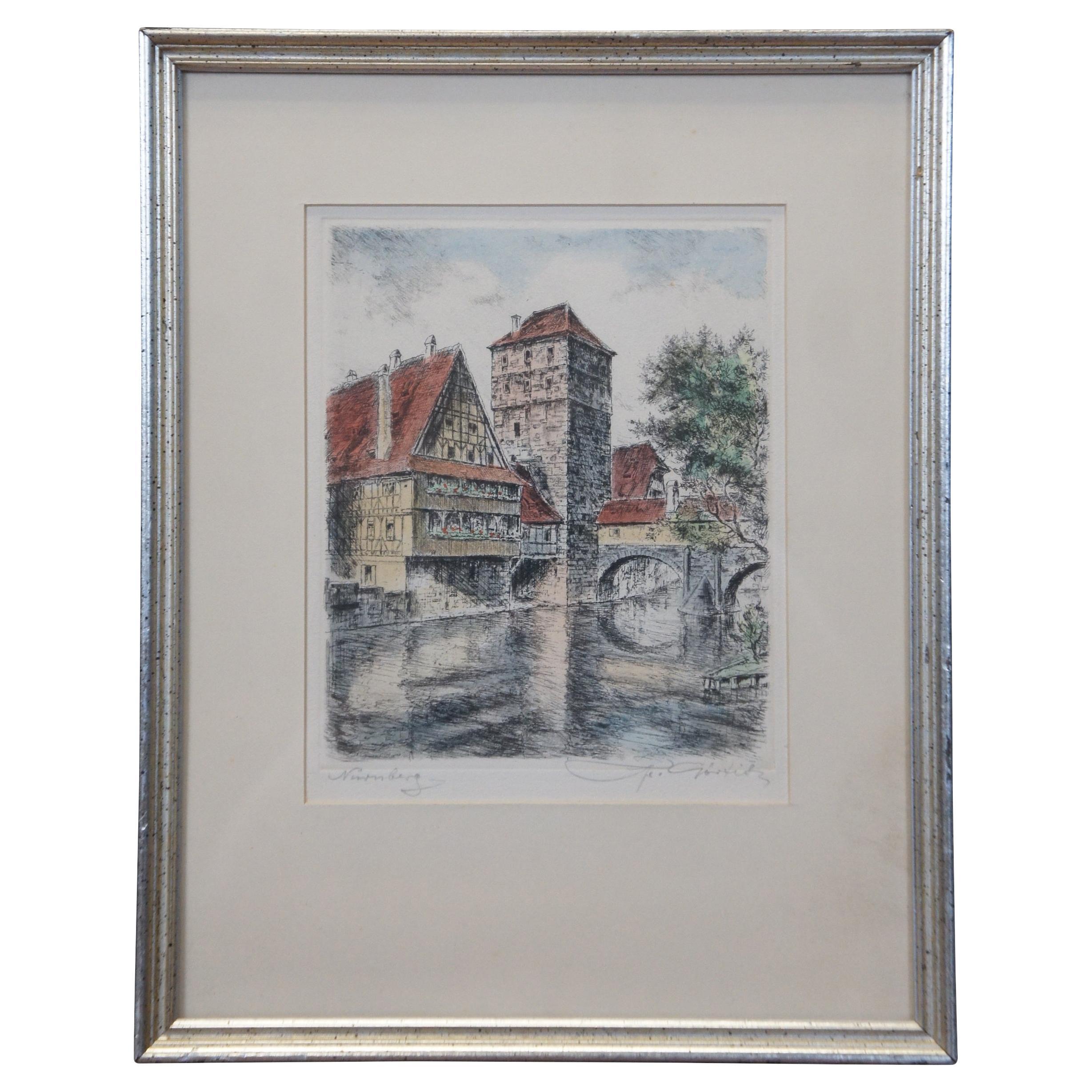 Vintage Nuremburg Germany Hangman's Bridge Canal Cityscape Etching 14"