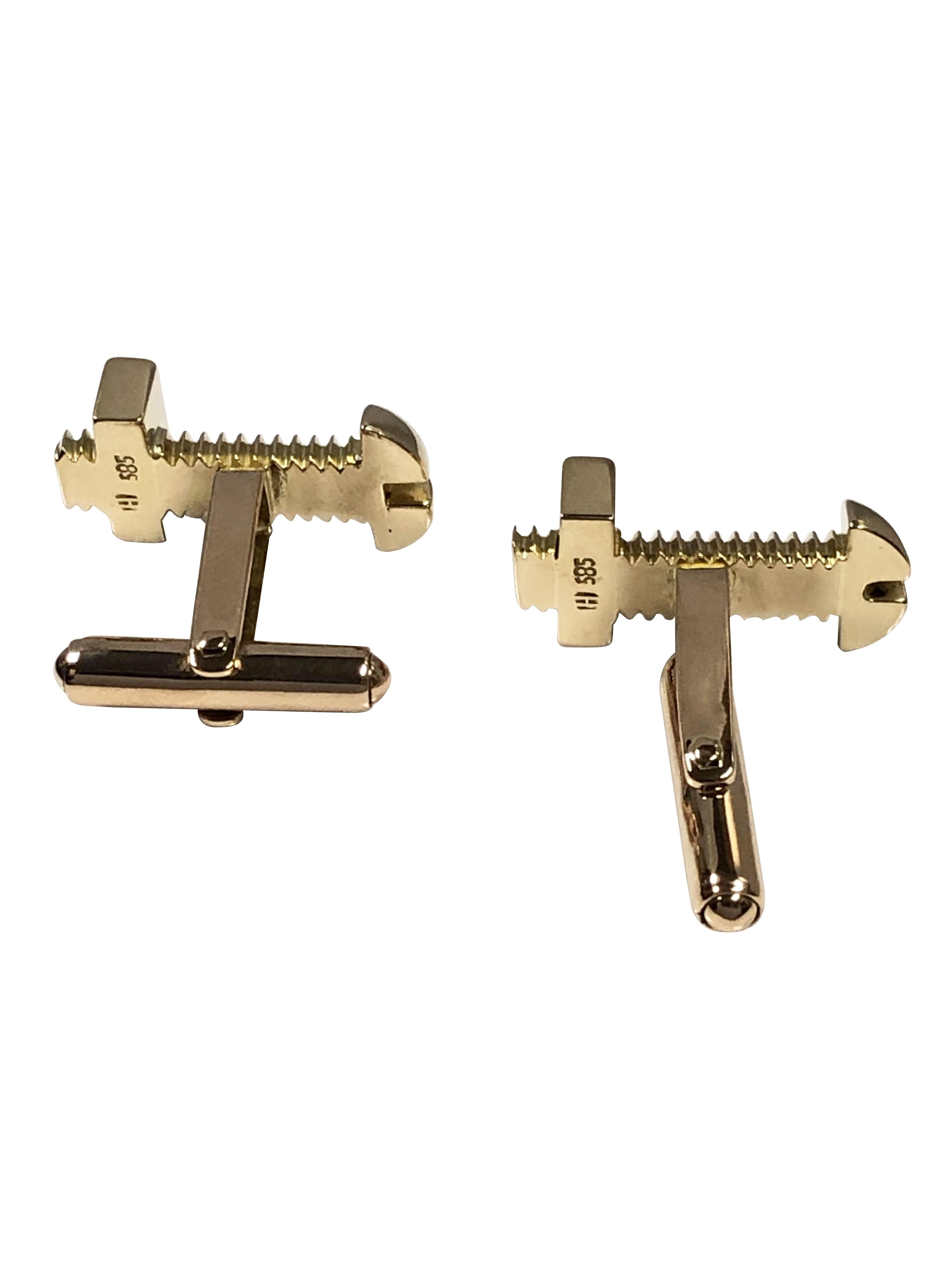Vintage Nut and Bolt Design Whimsical Yellow Gold Cufflinks In Excellent Condition For Sale In Chicago, IL