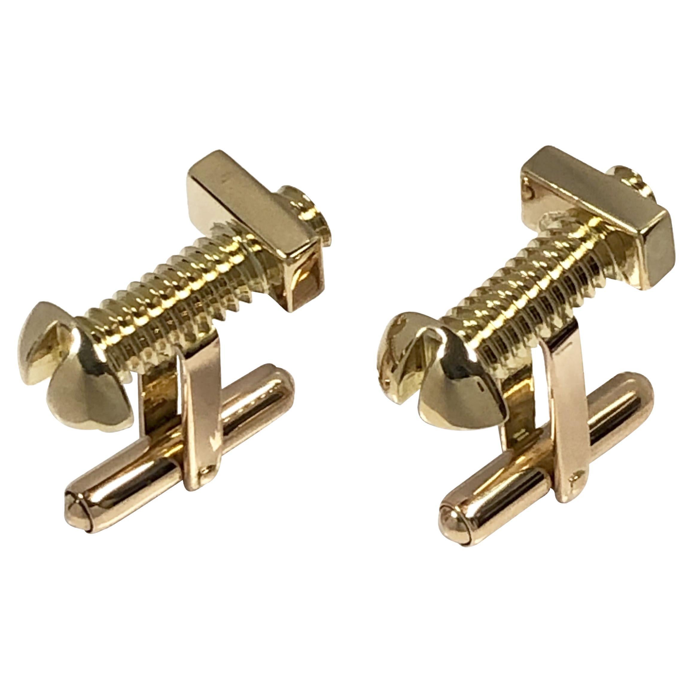 Vintage Nut and Bolt Design Whimsical Yellow Gold Cufflinks For Sale
